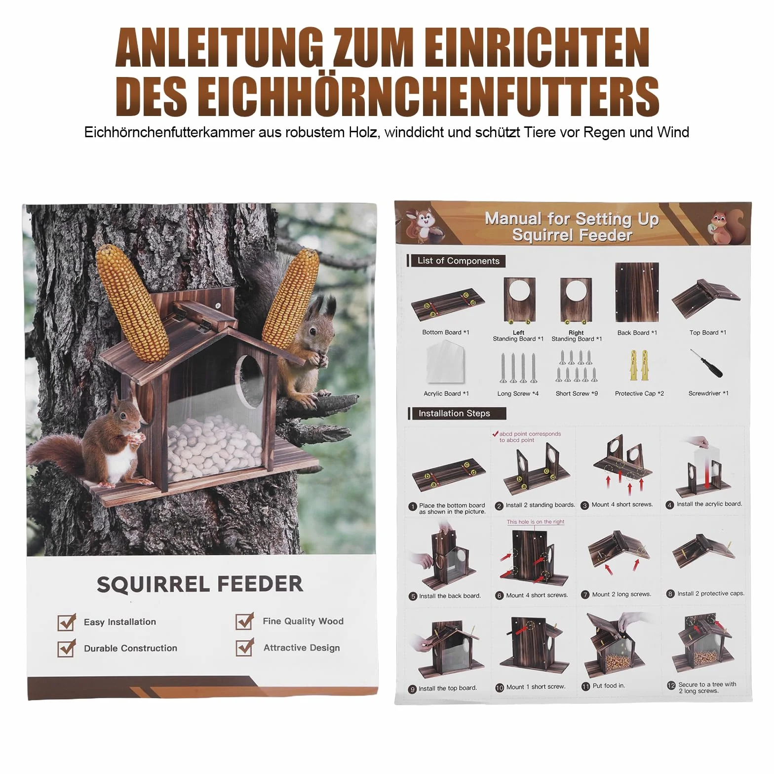 Mangeoire pour écureuils en bois résistant aux intempéries avec revêtement d'huile de lin