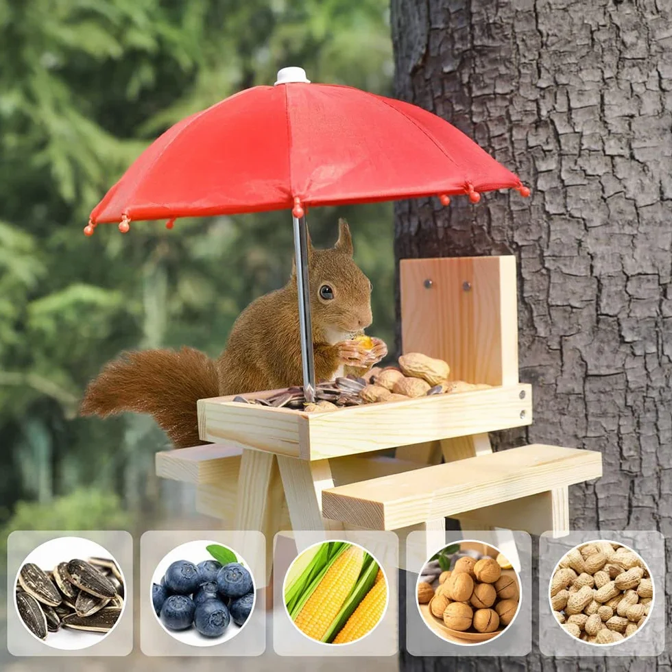 Mangeoire en Bois pour Écureuil avec Parapluie et Porte-Maïs - Station d'Alimentation Extérieure (Charbon de Bois)