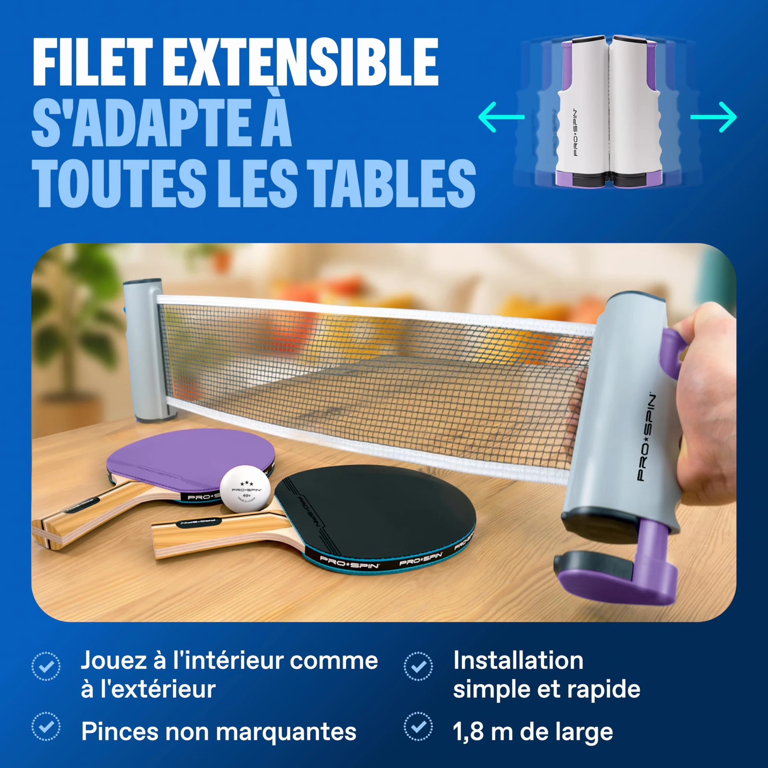 PRO-SPIN Set de Raquettes de Ping-Pong Portable | Kit de Qualité avec Filet Ping Pong pour Toute Table, Raquettes Tennis de Table Hautes Performances, Balles de 3-Étoiles