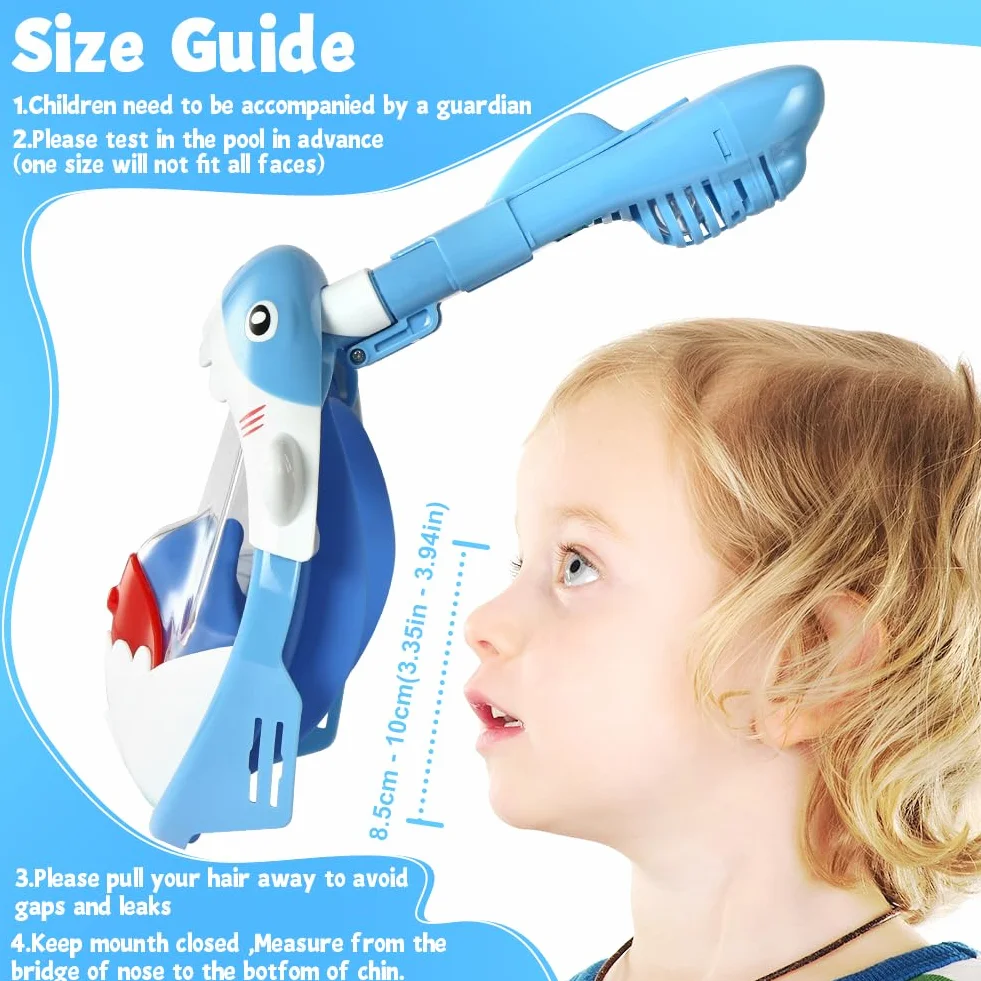 Masque de Plongée Enfants Intégral 180° HD Anti-Buée Anti-Fuite avec Tuba à Couvercle Sec