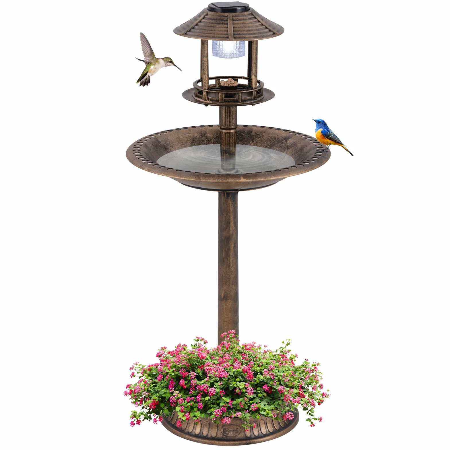 COSTWAY Bain d'oiseaux 3 en 1 Solaire, Décoration Extérieur Pied Rétro Éclairé Lampe Jardinière Mangeoire Abreuvoir Oiseaux Jardin Bronze