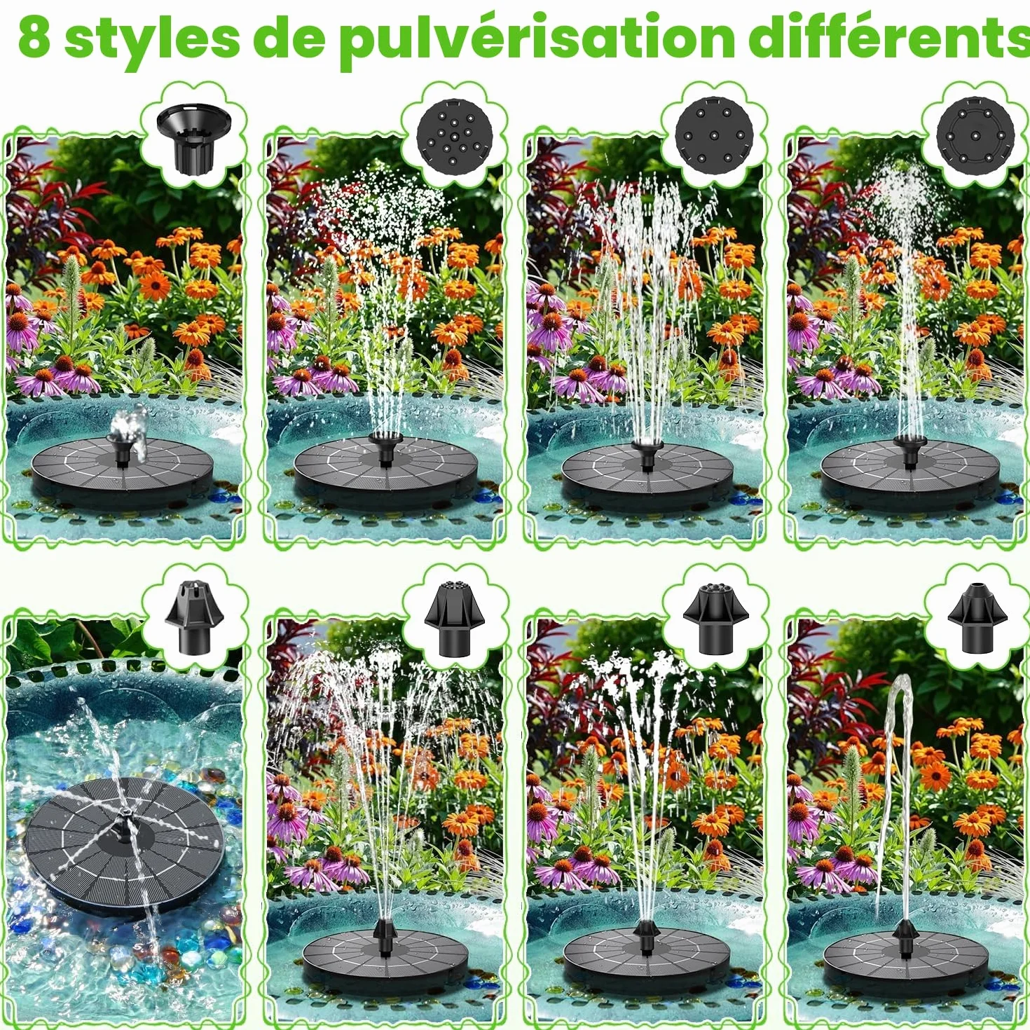 Fontaine Solaire Flottante 3.5W 2000mAh avec Pompe Bassin 8 Buses 4 Tiges Fixes pour Jardin