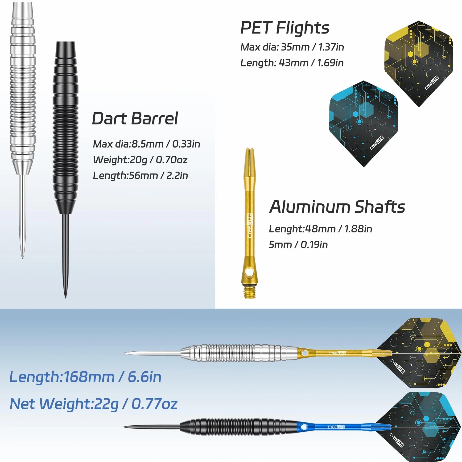 CyeeLife Fléchettes de dart avec pointe en métal, 20g set professionnel en acier avec 12 tiges en aluminium + 16 flights + 12 protège-flights en aluminium + 20 anneaux en caoutchouc anti-dévissage