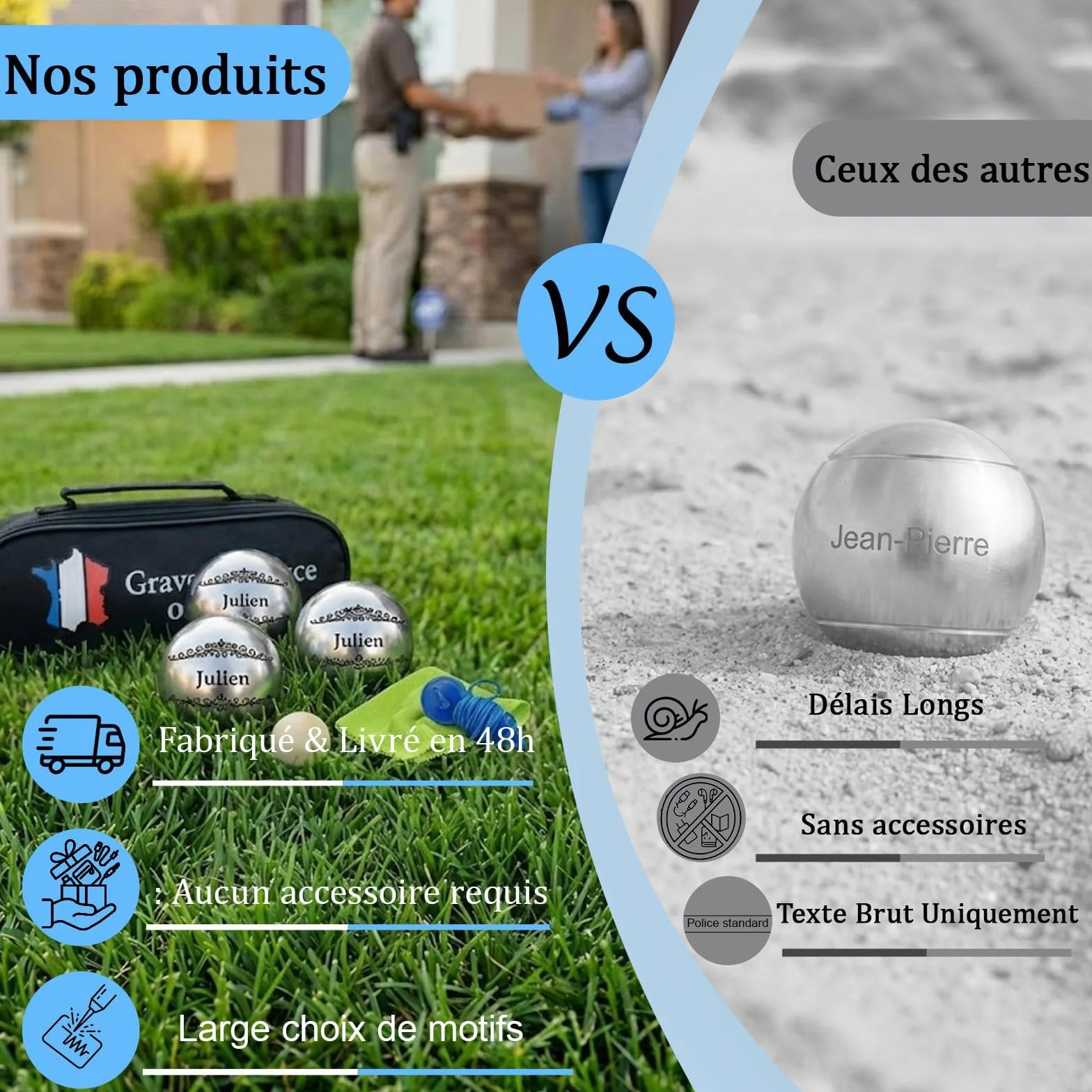 Boule de Pétanque Personnalisée 720g - Triplette avec Accessoires (Cochonnet, Sacoche, Mesureur) - Idée Cadeau pour Fête des Pères et Mères, Retraite, Anniversaire