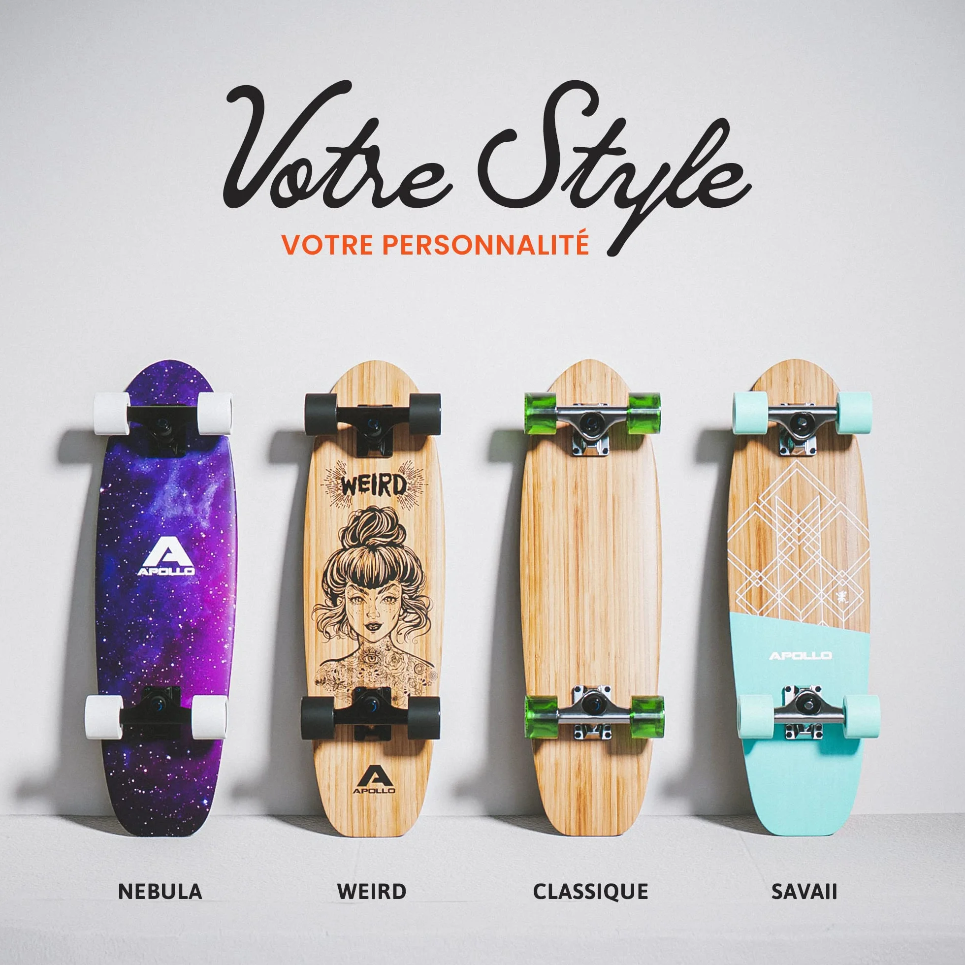 Apollo Fancy Board, midi Cruiser comme BOAD Complet, 70cm (30x8), Mini Long kicktail maniable en Bois Vintage Cruiser Board avec roulements à Billes ABEC 9 Haute Vitesse