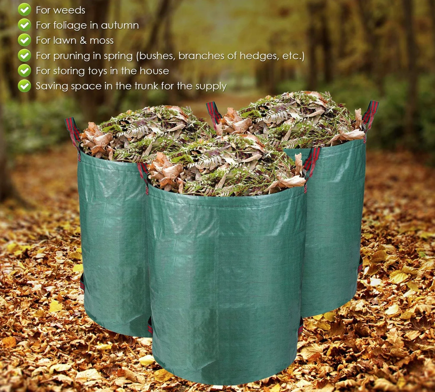 Sac Jardin Dechets Verts Résistant 272L 3 Pièces Réutilisable avec Poignées Pliable Autoportant