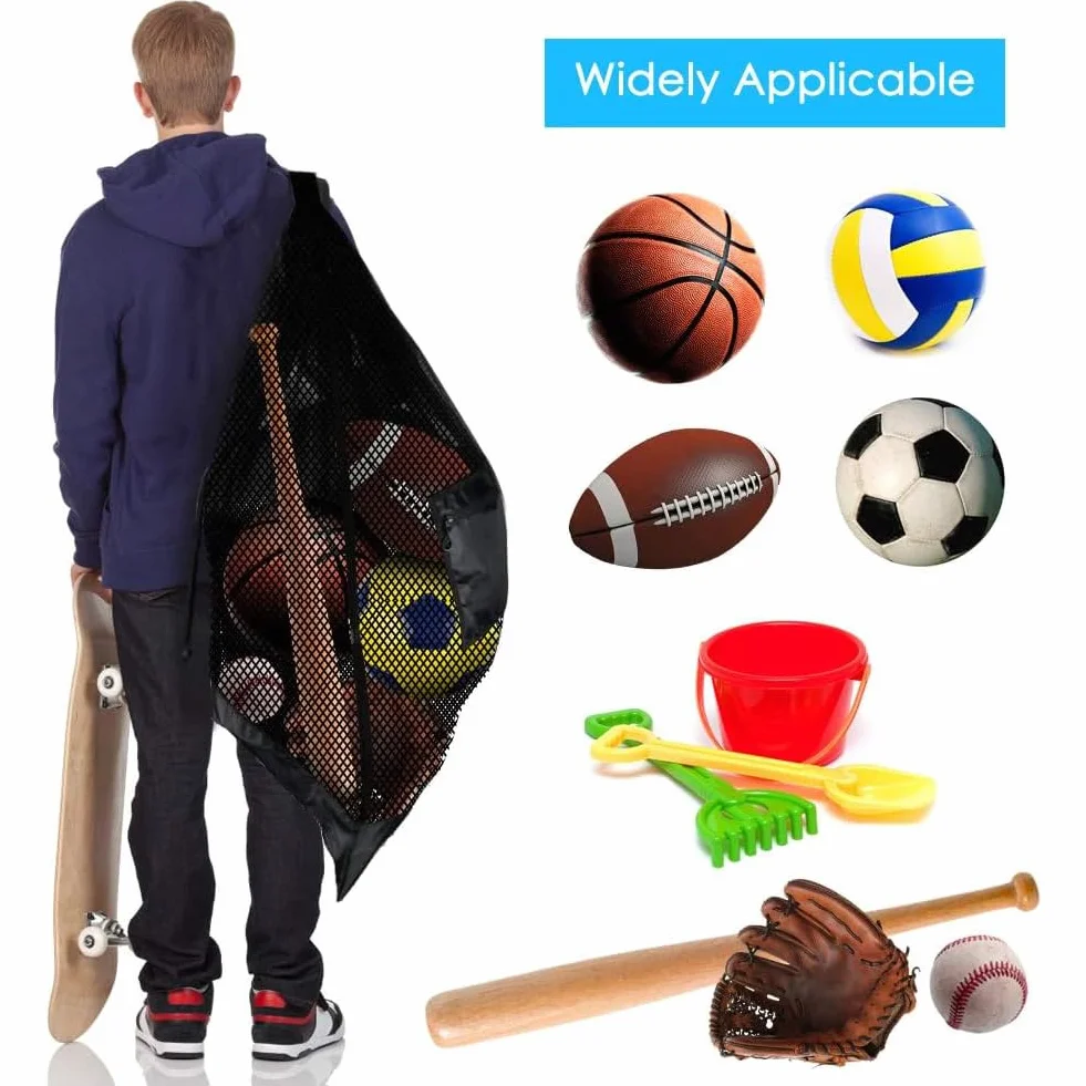 Sac de Ballon en Filet, Grand Capacité Sac de Ballon, Sacs de Rangement pour Football avec Cordon de Serrage Bandoulière pour Basket-Ball Football Volley-Ball, Tennis, 24 * 36in, Noir