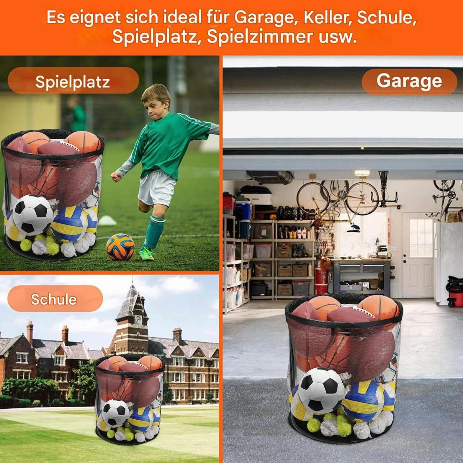 Rangement pour balles d'extérieur – Nylon 60 x 60 x 62 cm | Boîte de rangement portable en maille de grande capacité pour garage | Rangement d'équipements de sport pour jardin, terrasse, terrain