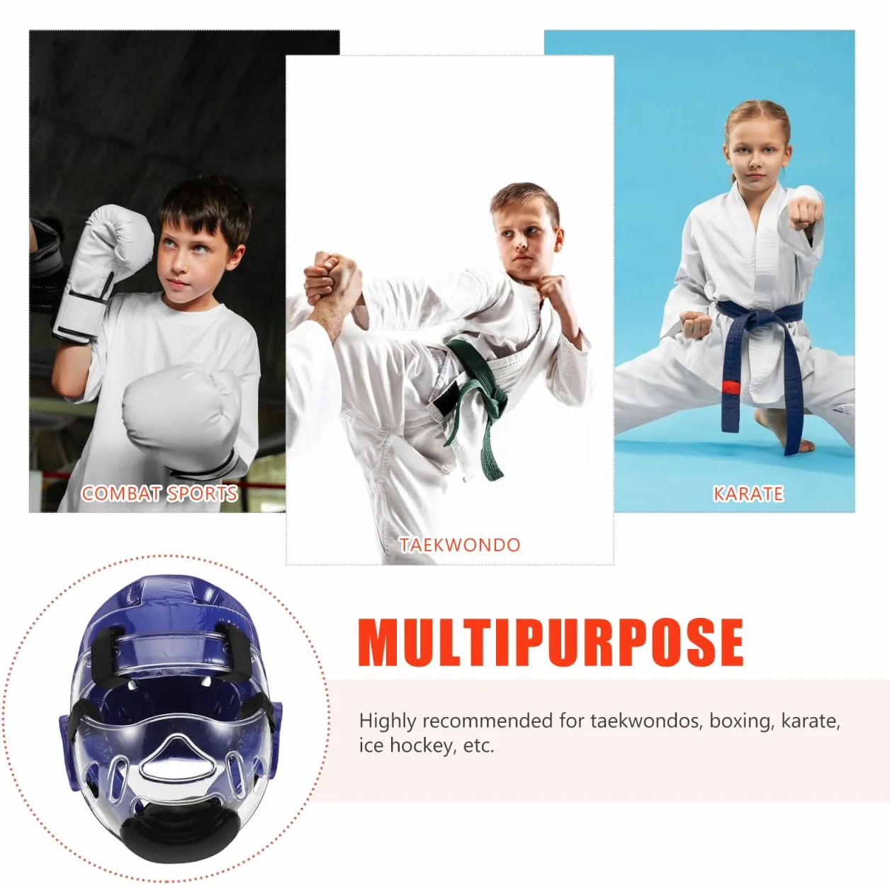 Casque avec Protection Complète du Visage pour Garçon et Filles Taekwondo Équipement de Combat Taekwondo et Ventilation Respirante pour Compétition et Arts Martiaux