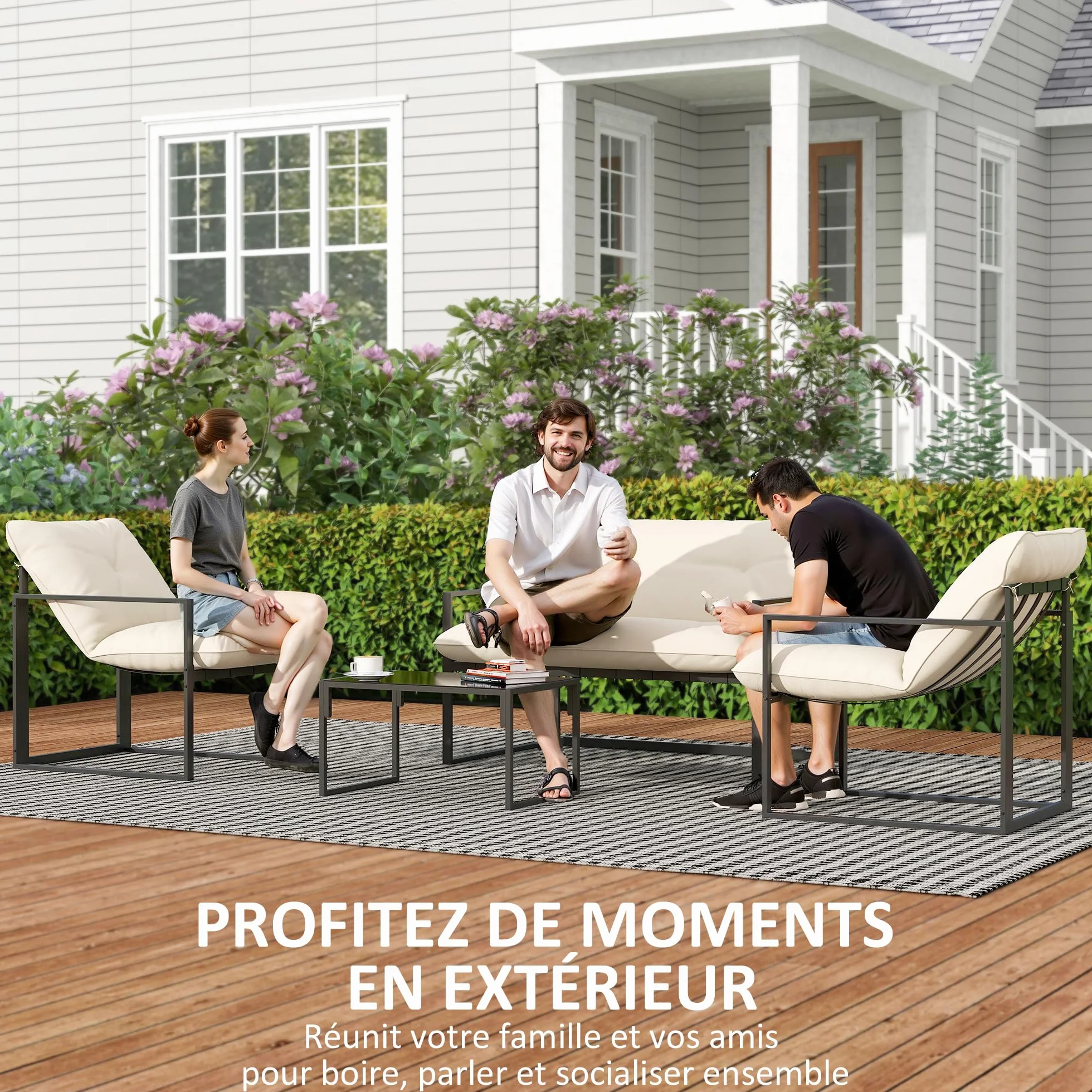 Outsunny Salon de Jardin 4 pièces Coussins Ultra-épais 15cm Ensemble mobilier Bas pour terrasse Canapé 2 Places Table Basse 2 Fauteuils Cadre Acier Noir