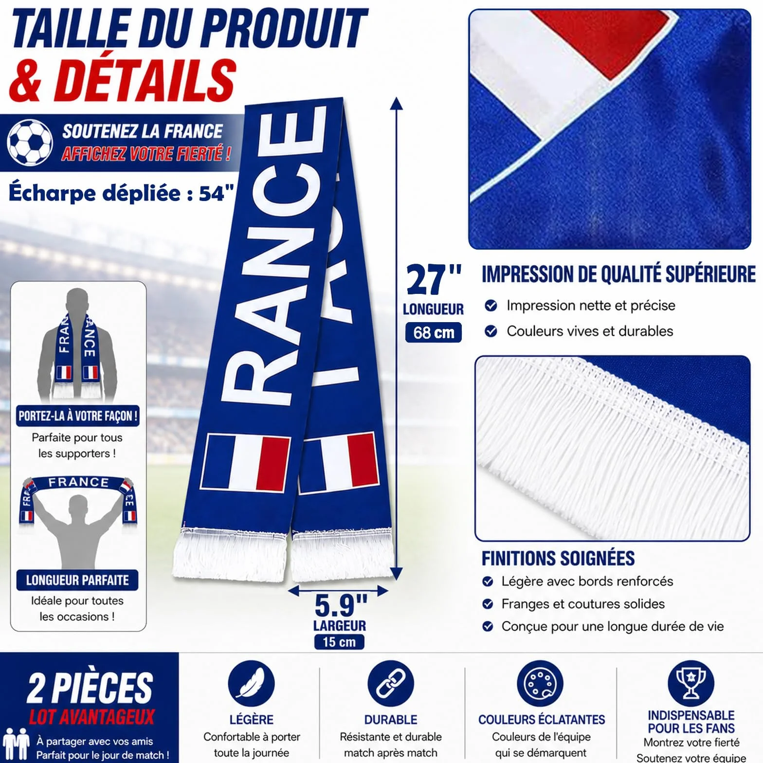 Écharpe de Supporter France, Lot de 2 Écharpes de Football Tricolores Bleu Blanc Rouge, Polyester 100%, Imprimées des Deux Côtés pour Coupe du Monde 2026, Stade et Fan Party