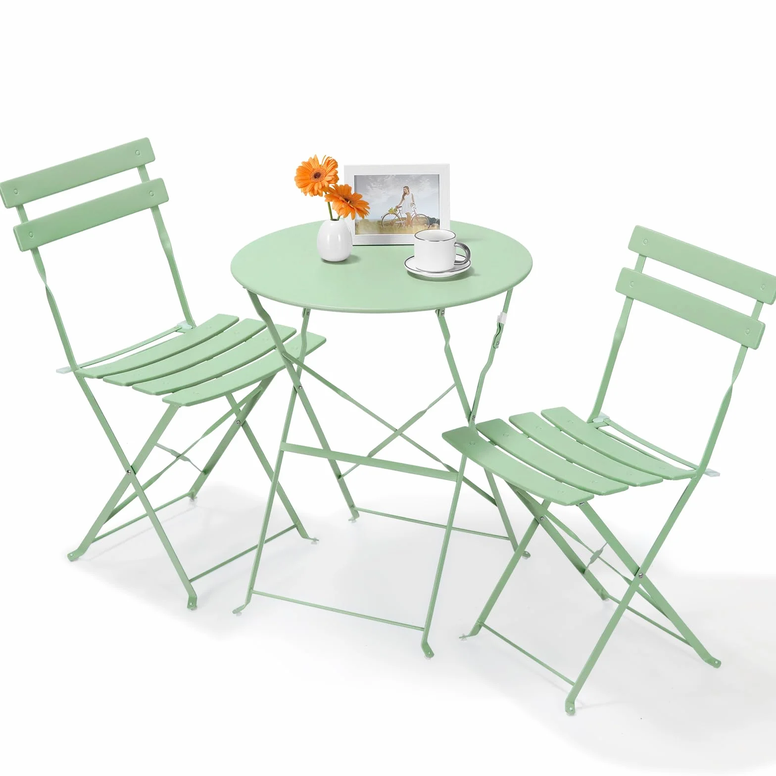 LIFERUN Salon de Jardin Bistrot Pliable, Set de Bistrot en Métal, Table et 2 Chaises Pliantes, 3 Pièces, Vert
