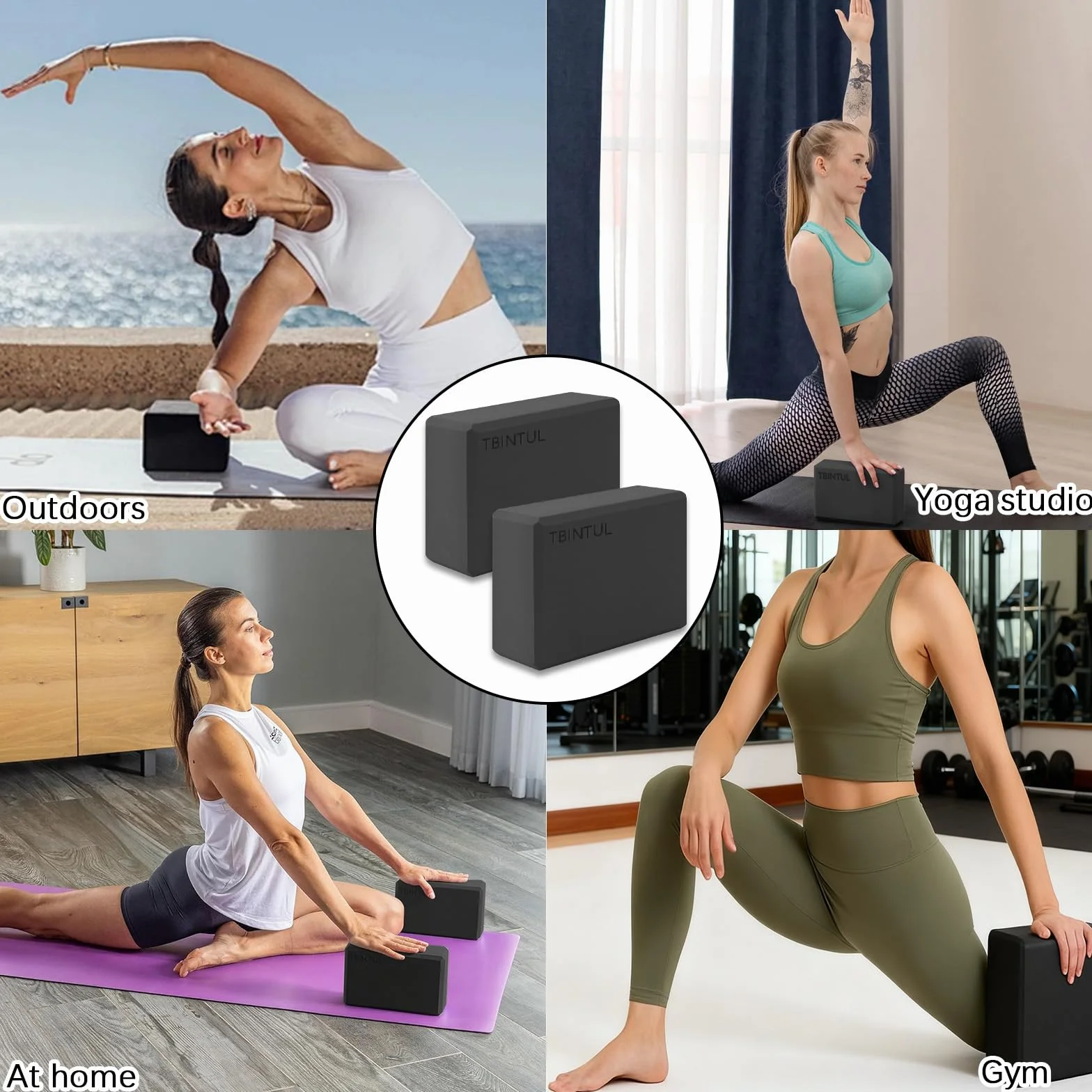 2 blocs de yoga, 23 x 15 x 7,5 cm, EVA pour femmes et hommes, noir