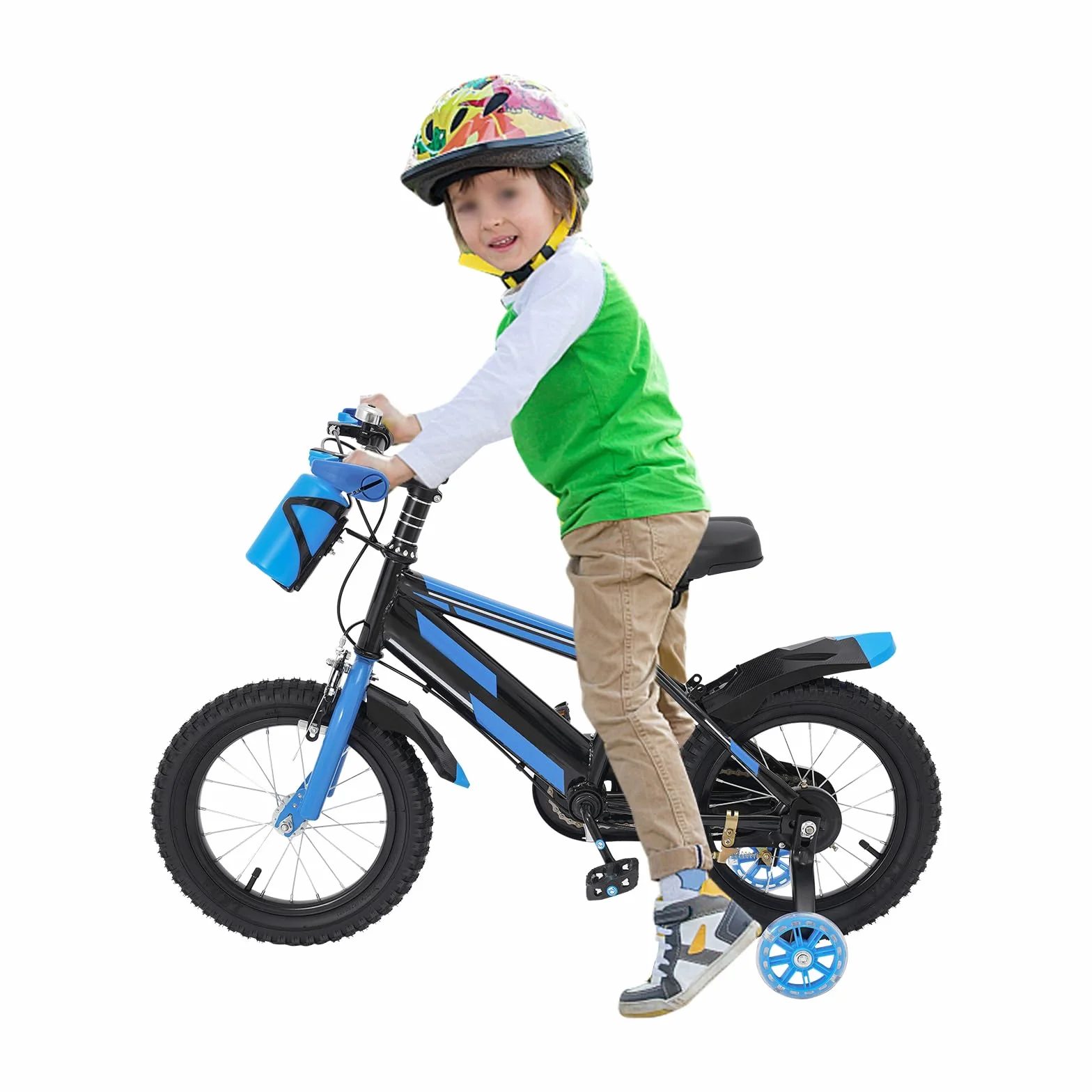 Vélo pour enfant de 14 pouces, pour garçons et filles à partir de 3 à 7 ans, vélo avec roues stabilisatrices et bouteille d'eau, hauteur réglable, double système de freinage, vélo en acier au carbone