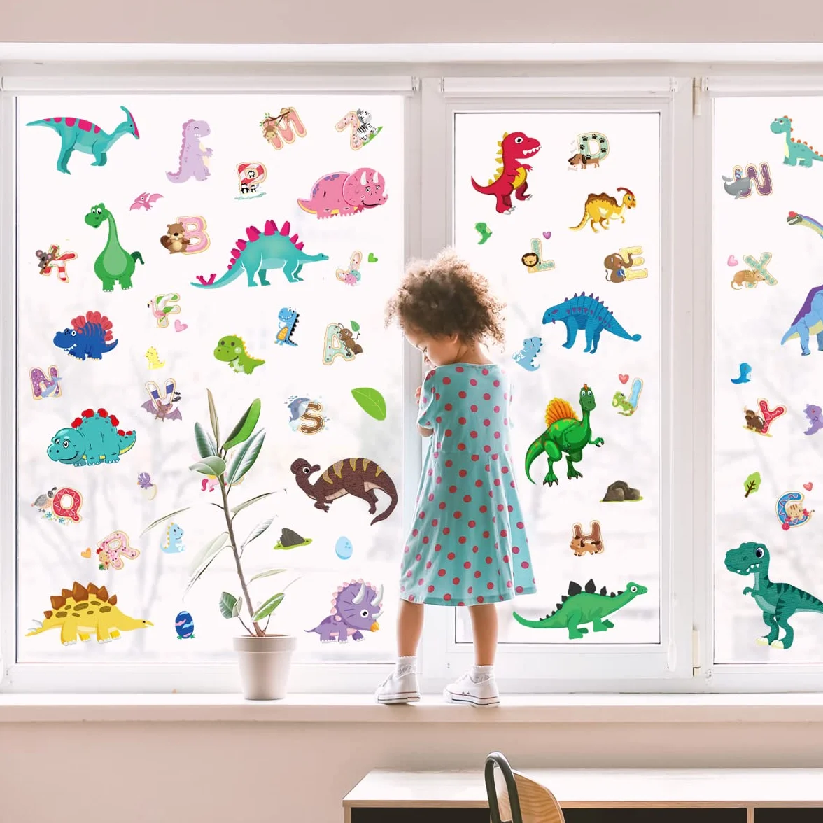 Stickers fenêtre enfant DINOSAURE LETTRES réutilisable 70 pièces autocollant vitres décoratifs animaux jungle