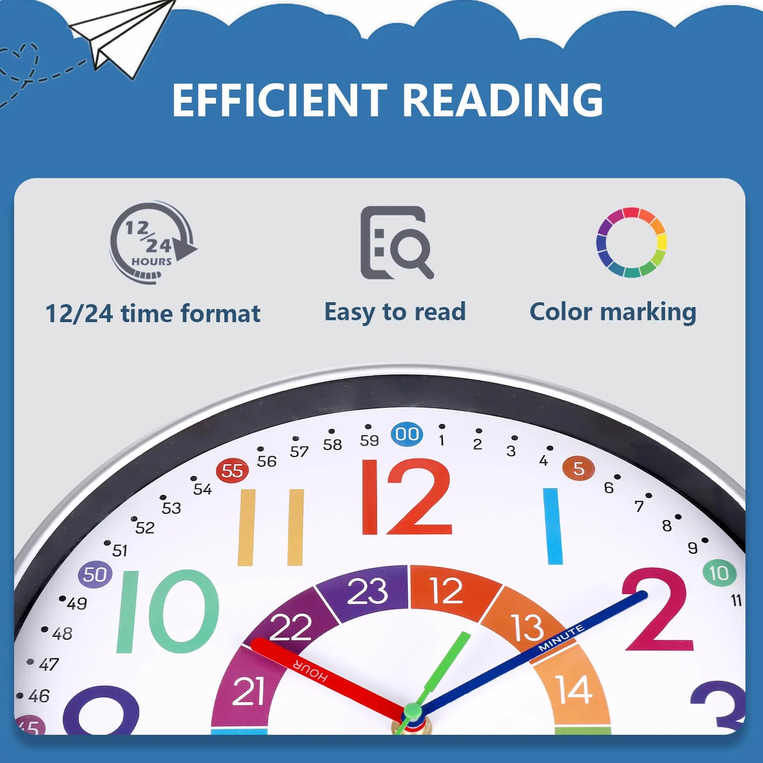 JIZZU Horloge Murale Apprentissage Enfants Ø 30cm Pendule Silencieuse Colorée 3D Chiffres Facile à Lire
