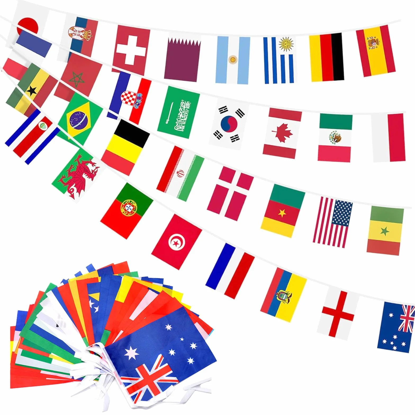 Guirlande de drapeaux de 32 pays pour la Coupe du Monde 2026, 32 pays des deux côtés en tissu euro (drapeaux / 4 pièces)