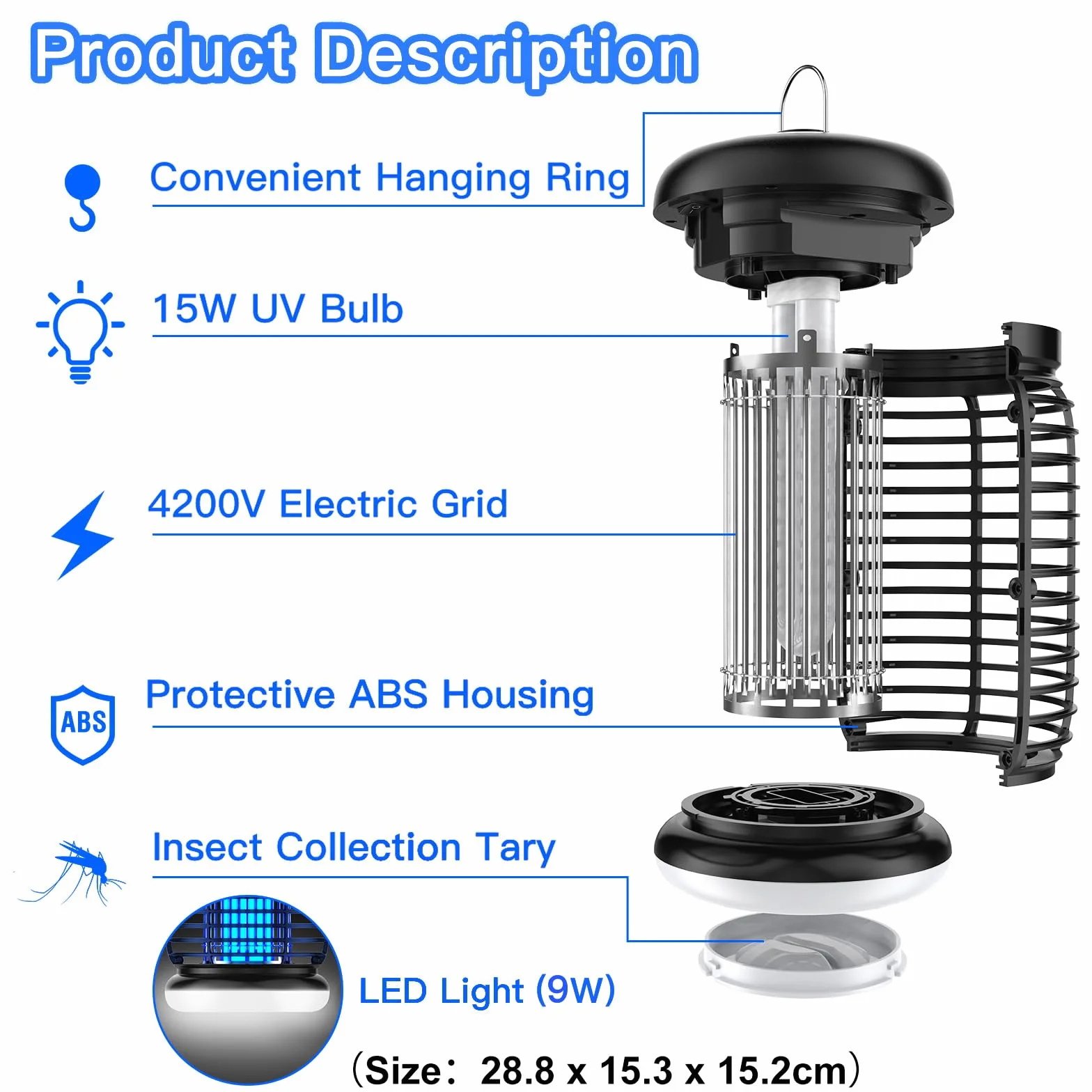 Lampe Anti Moustique LED 4200V 15W UV Tueur d'Insectes Électrique IPX4 80-100m²