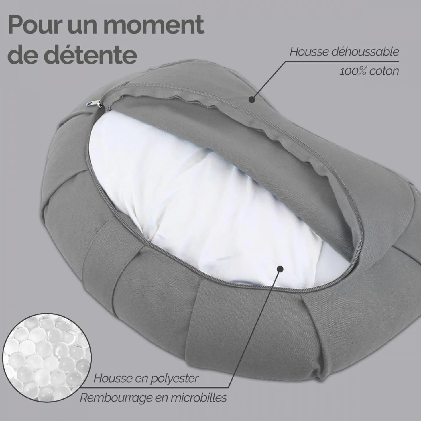 Vivezen - Pouf, zafu, coussin de méditation, yoga - Demi-lune - 44 x 27 x 13 cm - Plusieurs coloris