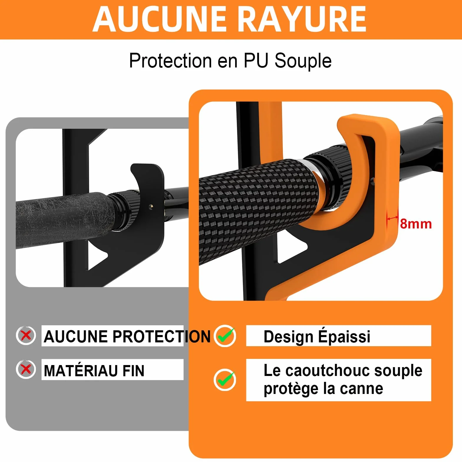 Support Canne a Peche Mural 2 Pièces, Rangement Horizontal pour 10 Cannes avec Protection PU Souple, Noir/Jaune