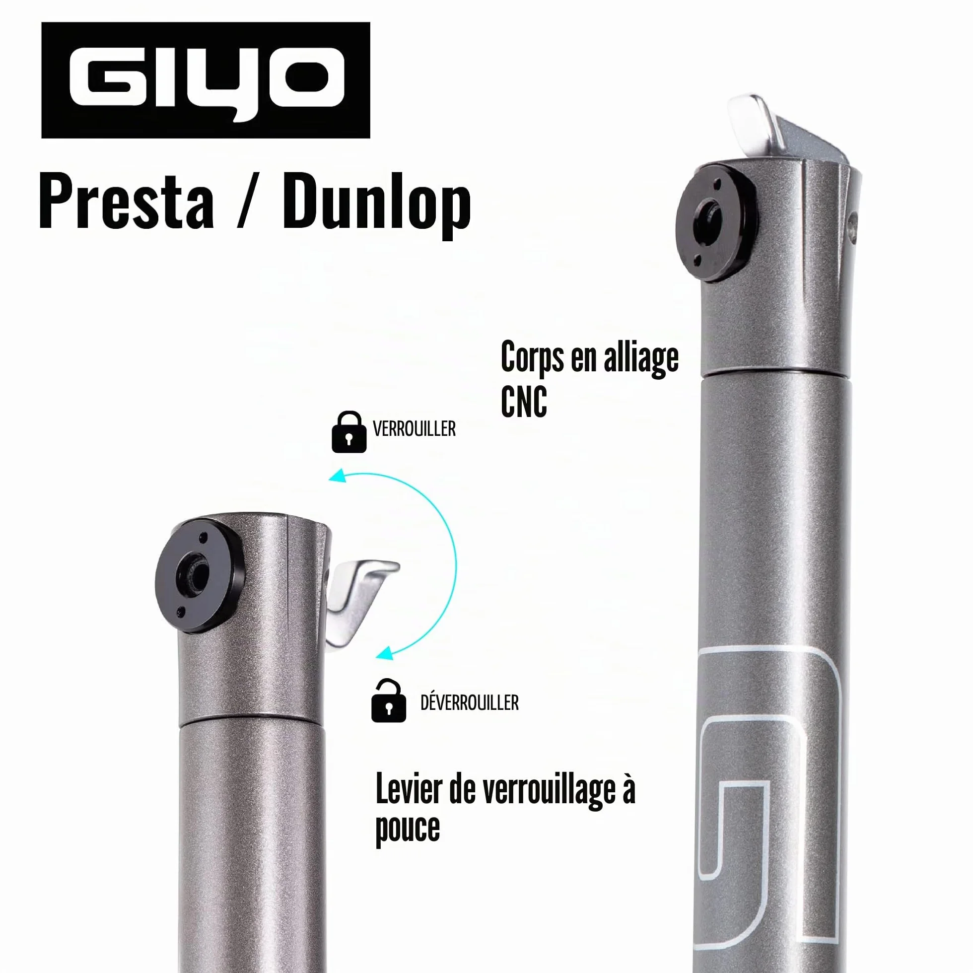 GIYO Mini Pompe à vélo pour vélo de Route – Valve Presta, Barillet télescopique CNC 120 psi, légère et Portable, Serrure de Valve sécurisée, fabriquée à Taiwan (GM04)