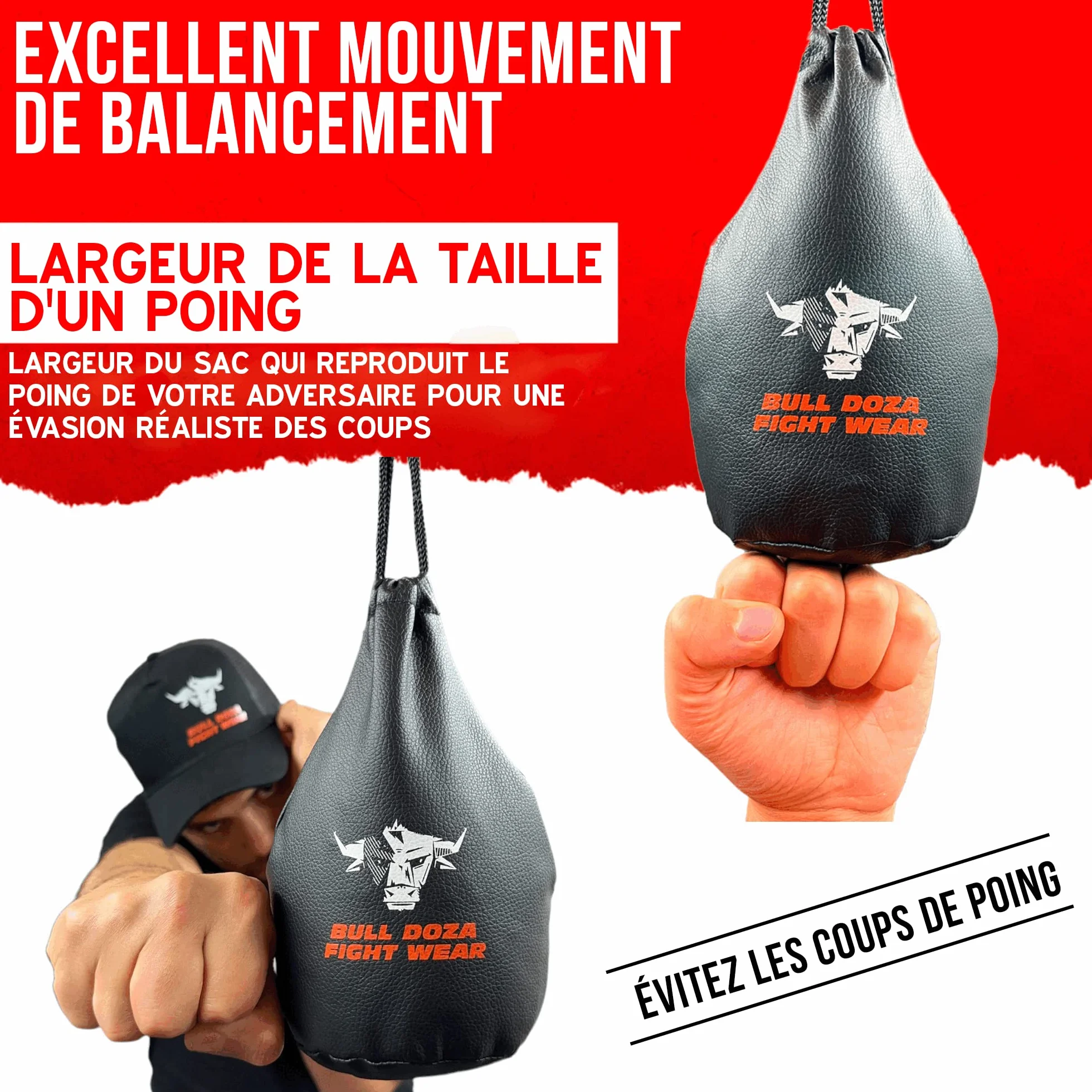 BULL DOZA FIGHT WEAR Slip Reaction Bag - Largeur de Frappe - 1 kg Une Fois rempli - Corde de 2 m Incluse - Sac de Frappe MMA - Noir - Sac de défense #1 1 (sans Boxe) (Noir)(M)