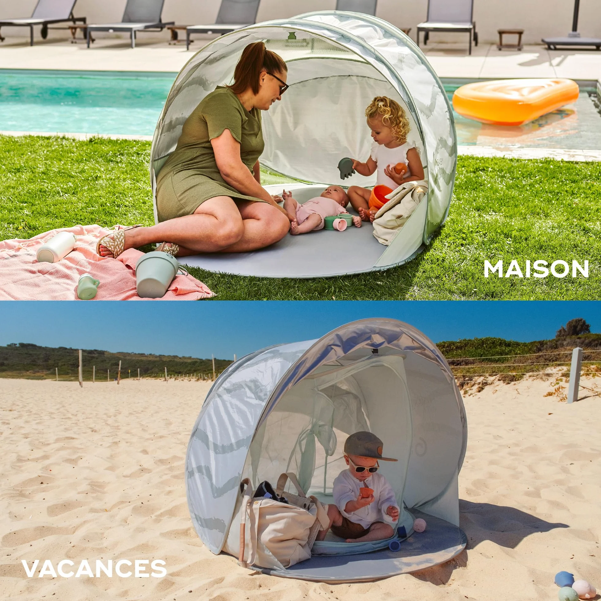Babymoov Tente Anti-UV Bébé Rafraichissante Moov & Protect - Haute protection Anti-UV UPF 50+ - Système Pop Up - Grande Tente de plage - Moustiquaire à Maille Fine, Green Lagoon