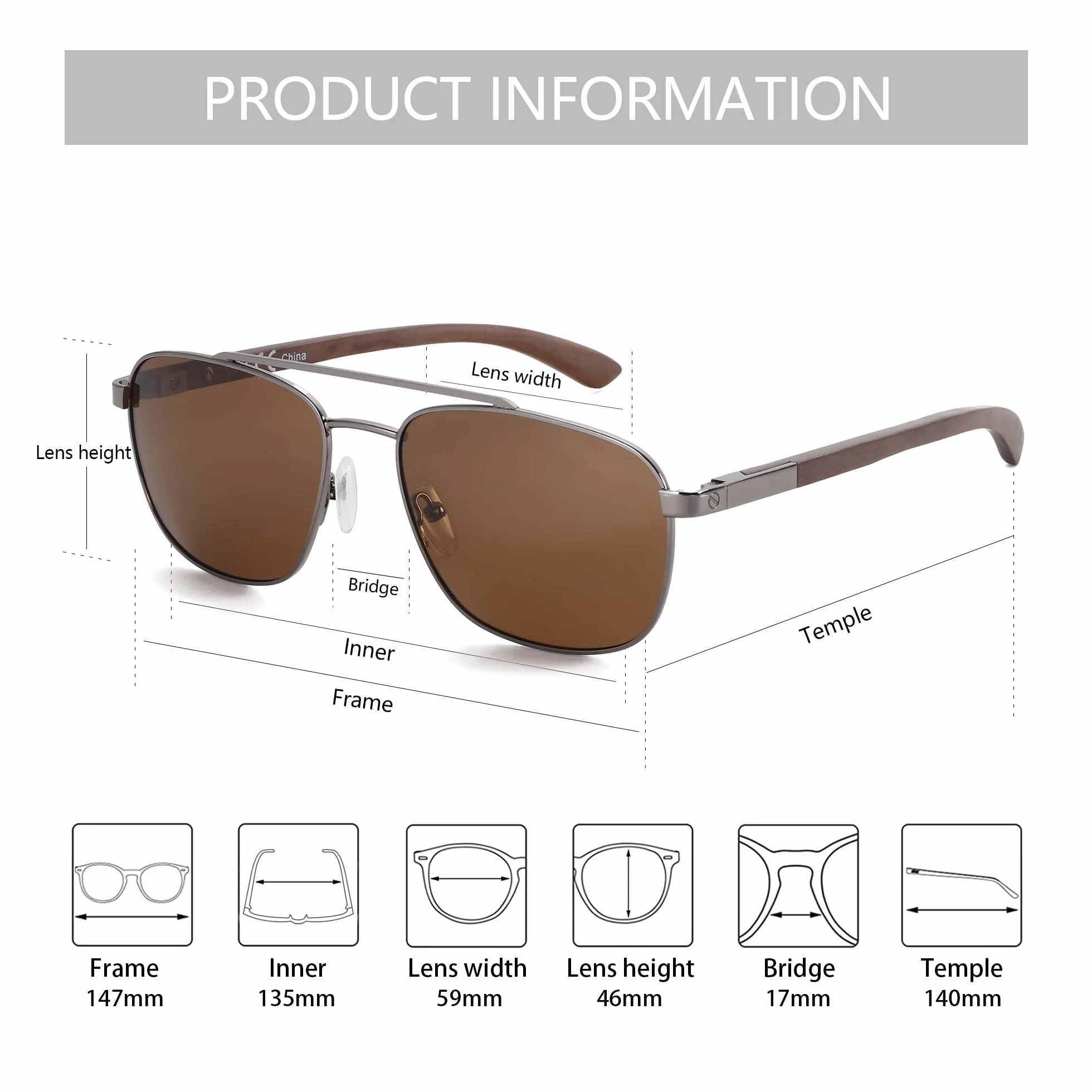 ZENOTTIC Lunettes de soleil polarisantes pilote homme monture carrée en métal miroité temple en bois lentille de protection UV400