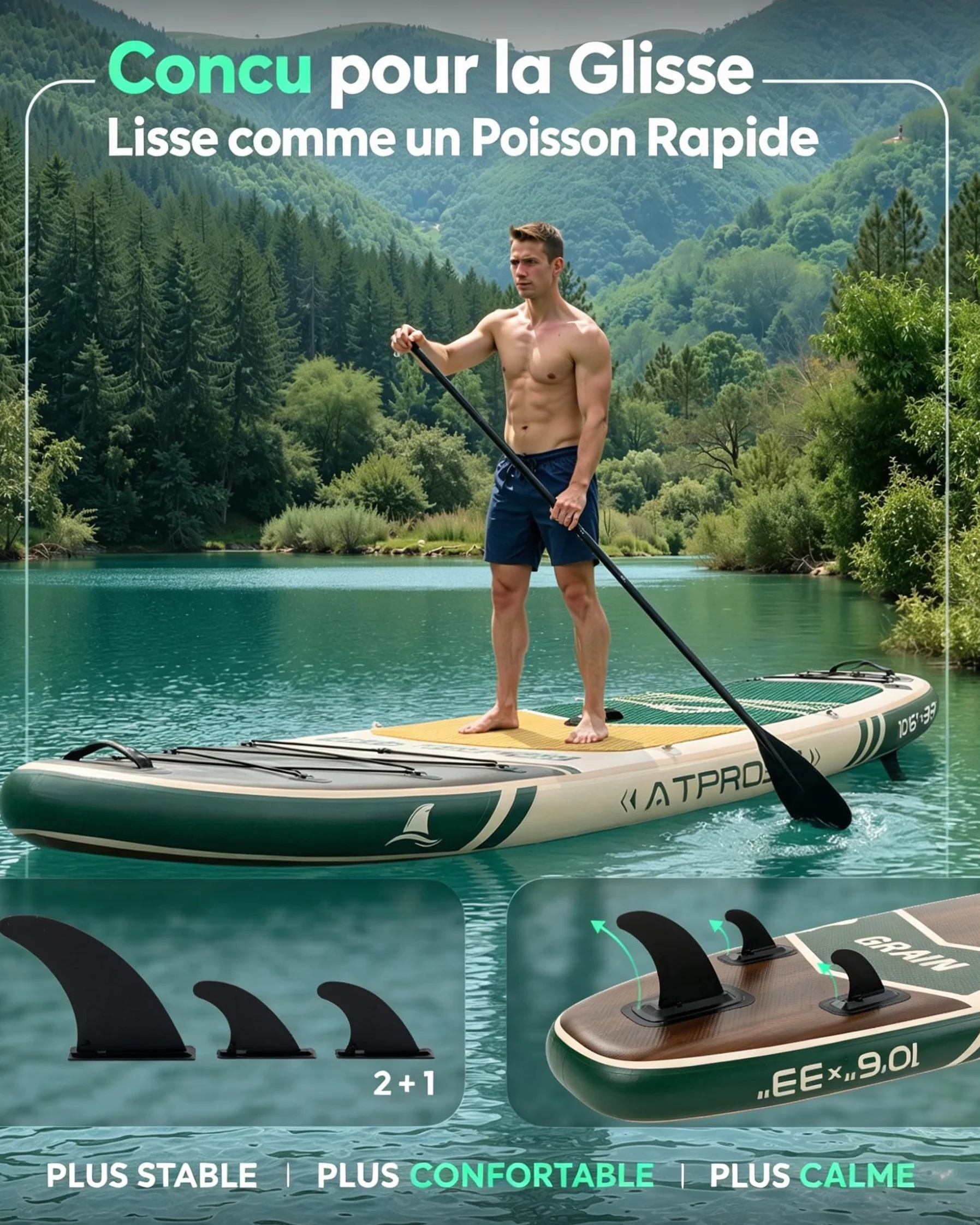 Stand Up Paddle Gonflable Adulte avec Siège Kayak & Accessoires, 320x84cm Planche de Sup Extra Large pour 2 Personnes, Charge 200kg, Kayak Gonflable 2 Places Stable et Antidérapant pour Surf