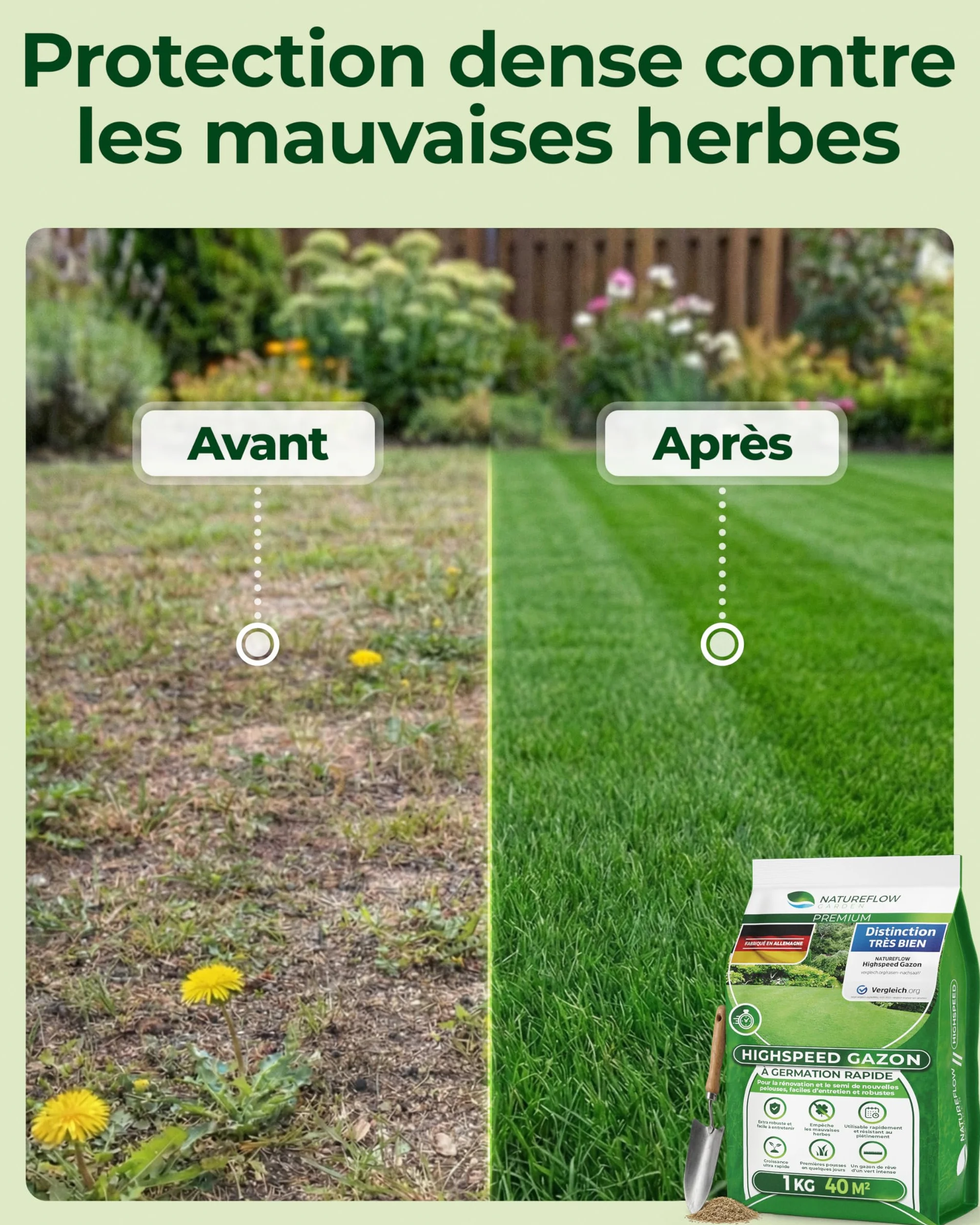 Gazon Regarnissage Rapide 1kg 40m2 Fabriqué en Allemagne Résistant Autoréparation Naturelle