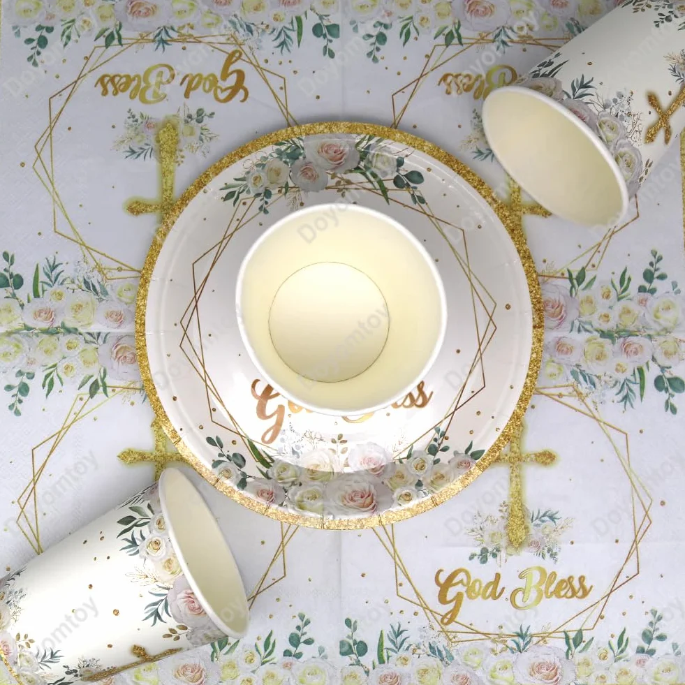 Vaisselle de Fête Communion, Set de Vaisselle Papier pour Première Communion Assiettes Serviettes Tasses 20 Personnes