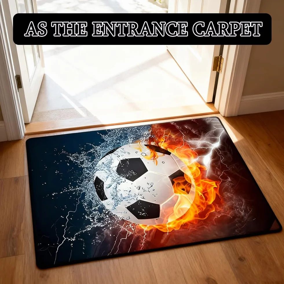 Tapis de Football Moquette Flamme Glace Motif Ballon Décoration Salon 80x120cm