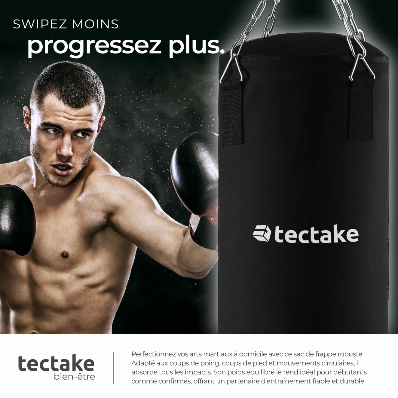 tectake® Sac de Frappe 25 Kg, Sac de Boxe avec chaîne de Suspension, 28 x 105 cm, Sac de Frappe Adulte, Punching Ball, Boxing, MMA, Muay Thai, Taekwondo, Kick Boxing, Sports de Combat, Home Gym, Noir