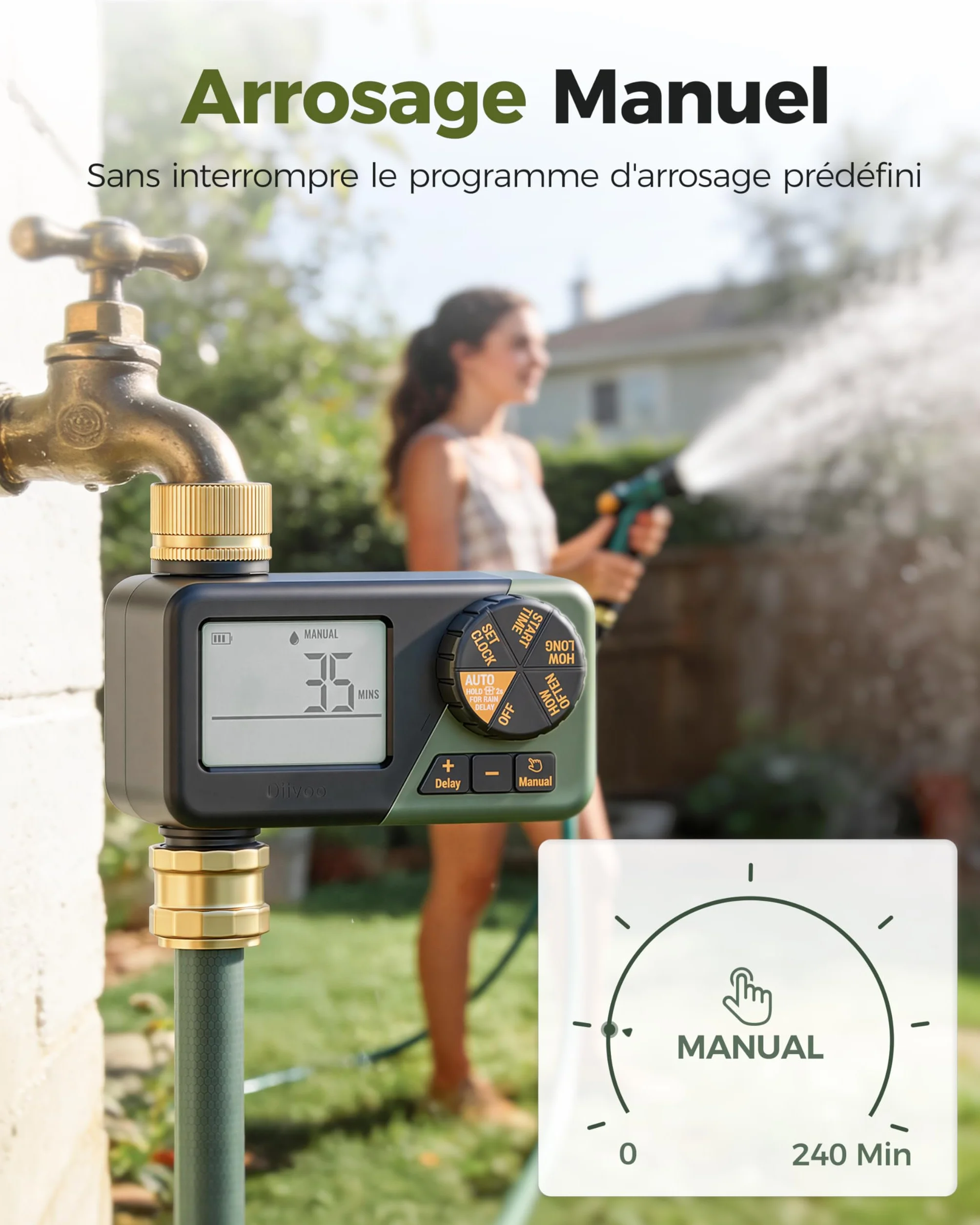 Diivoo Programmateur Arrosage Laiton IP66 Minuteur Arrosage Horaire Hebdomadaire Quotidien Grand Écran LCD