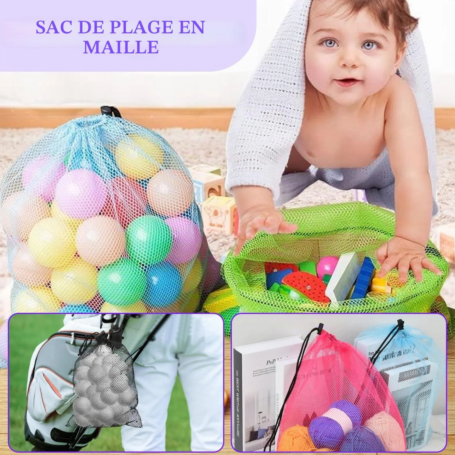 NICKLIN Sacs en Maille avec Cordon de Serrage 30 x 45 cm, Grands Sacs à Cordon en Maille Nylon Durable pour Plage Sport Rangement