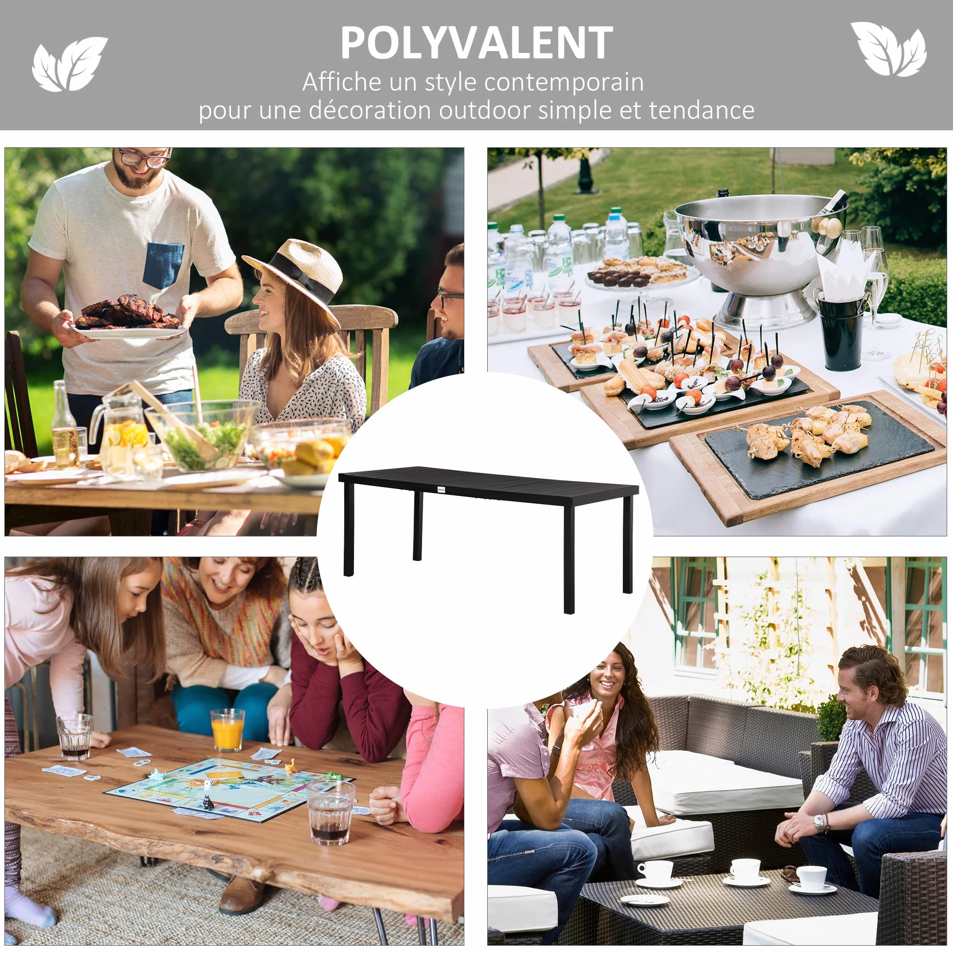 Outsunny Table à Manger de Jardin pour 8 Personnes, Aluminium, 190 x 90 x 74 cm, Noir