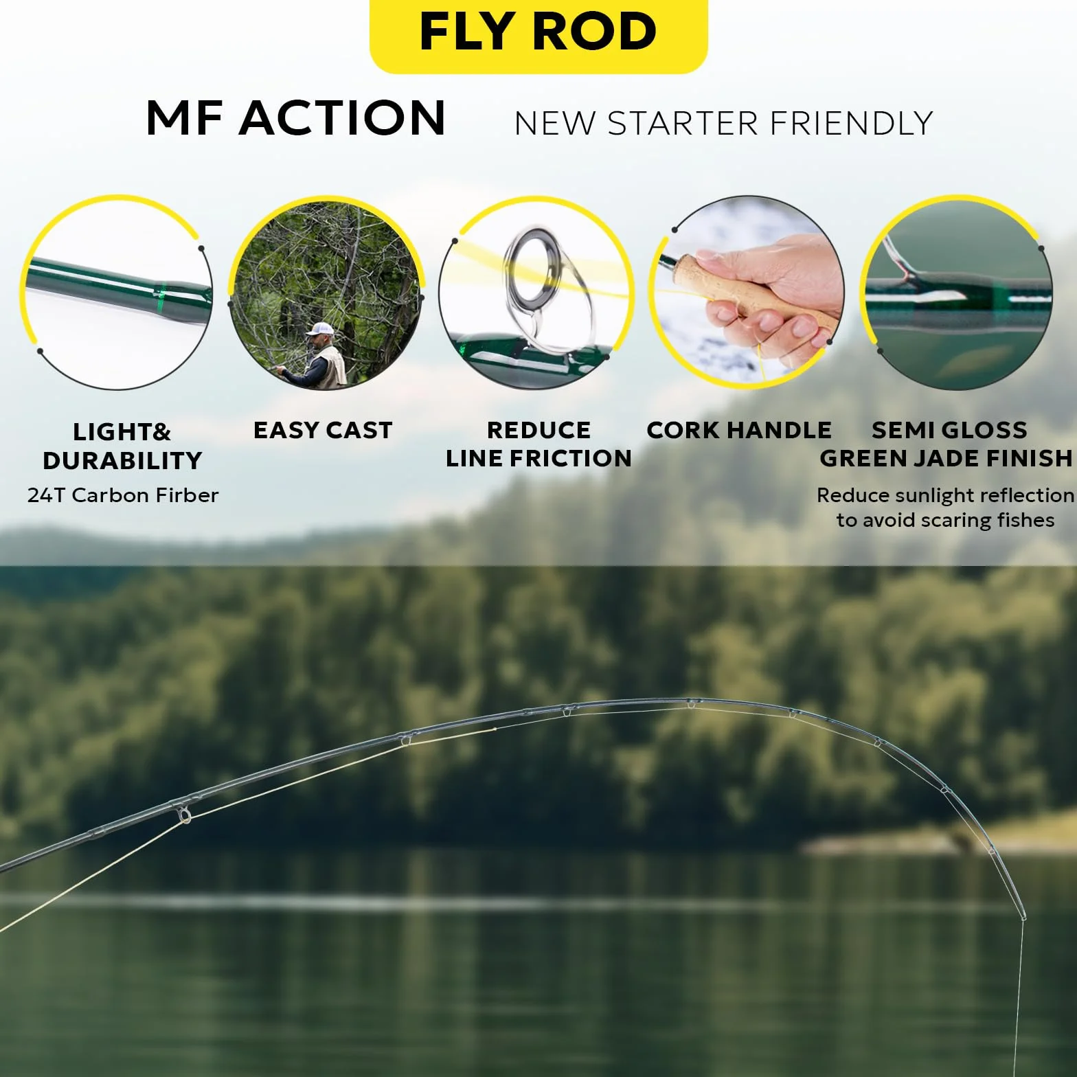 SF Lot de 4 cannes à pêche à la mouche en fibre de carbone 24T 3 WT 2,3 m, 4 WT 2,4 m, 5/6/7/8 WT 2,7 m Vert émeraude 24T Canne en fibre de carbone avec étui, moulinet pré-bobiné, boîte à mouches avec