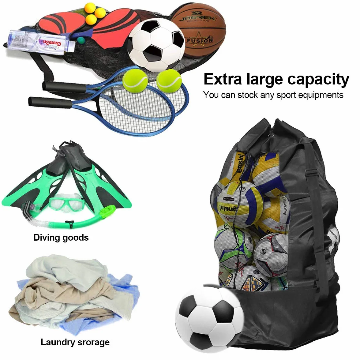 Sac à Ballons de Foot - Grand Capacité 10-15 Ballons Sac de Transport pour Basket-Ball Football Volley-Ball Sac Bandoulière Rangement des équipements de Sport Plage - Noir