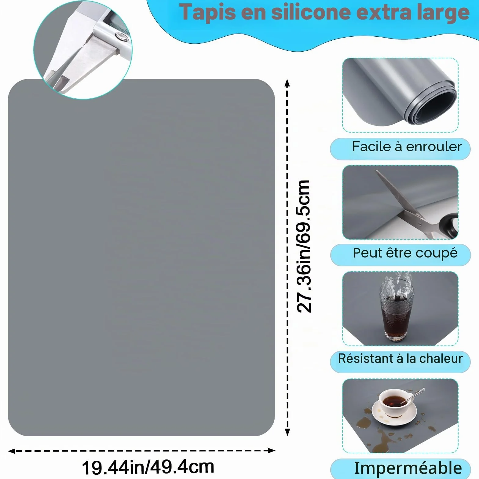 Tapis Silicone Grand 70 x 50cm Antidérapant Résistant à la Chaleur Cuisine Gris