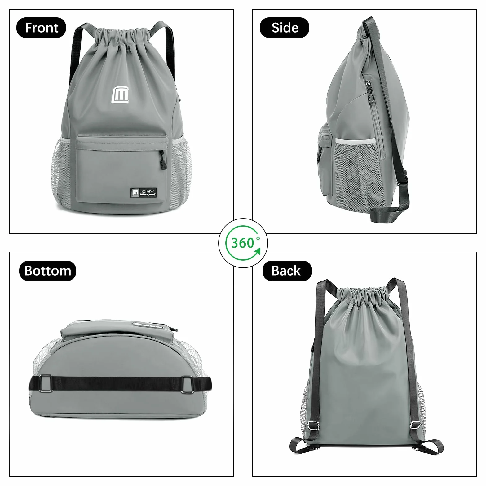Sac à Dos Cordon Grand, Sac de Sport Imperméable pour Homme Femme Sac Cordon Sac à Dos pour Shopping Yoga Sport Voyage, Gris