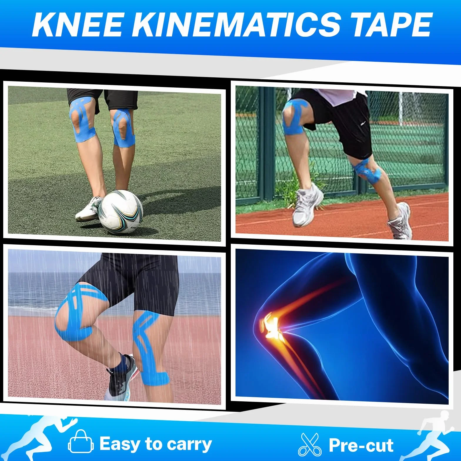 10 pièces Prédécoupées Tape Kinesiologie Genou Tape bleu - kinesio tape bande kinesiologie, résistant à l'eau & doux pour la peau Ruban de physiothérapie douleurs genoux correction de la posture