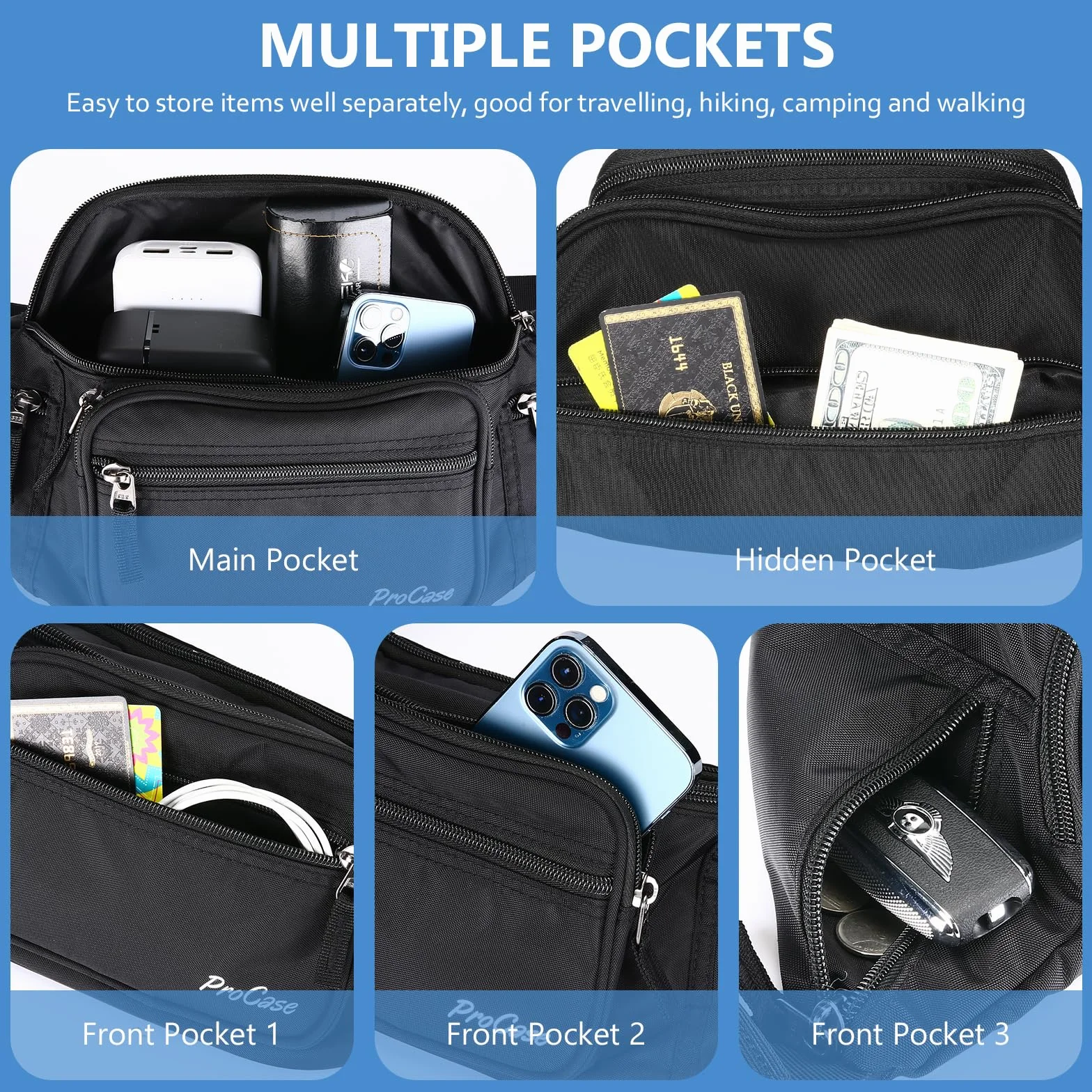 ProCase Sac Banana/Sacoche de Ceinture Homme Femme, Fanny Pack Waist Pack Léger Ville de Sécurité pour Voyage, Sac à Taille pour Randonnée Outdoor Sport