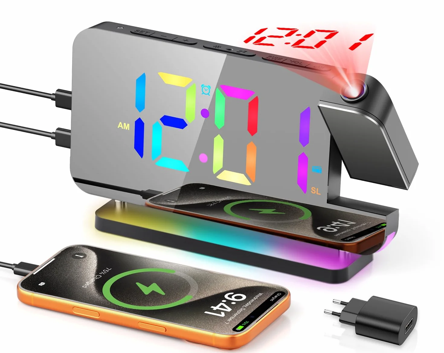 TAKRINK Reveil Projecteur Plafond RGB avec Radio 180° Chargeur USB 2 Modes d'Alarme Affichage LED