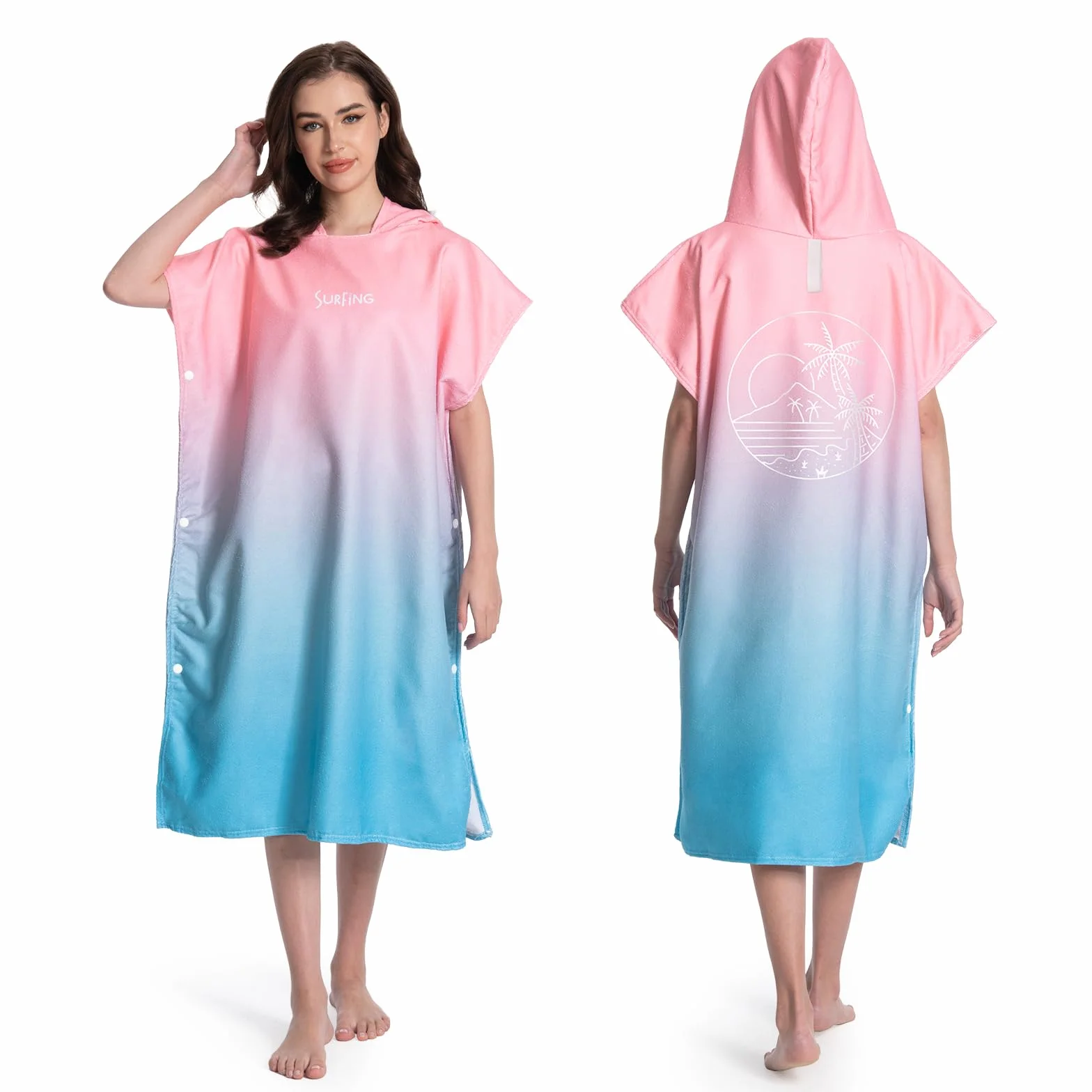 MOKANI Peignoir de bain, Poncho serviette à capuche pour piscine, plage, surf, séchage rapide et léger, poncho éponge pour adultes femmes hommes (avec boutons, 108L x 82l CM)