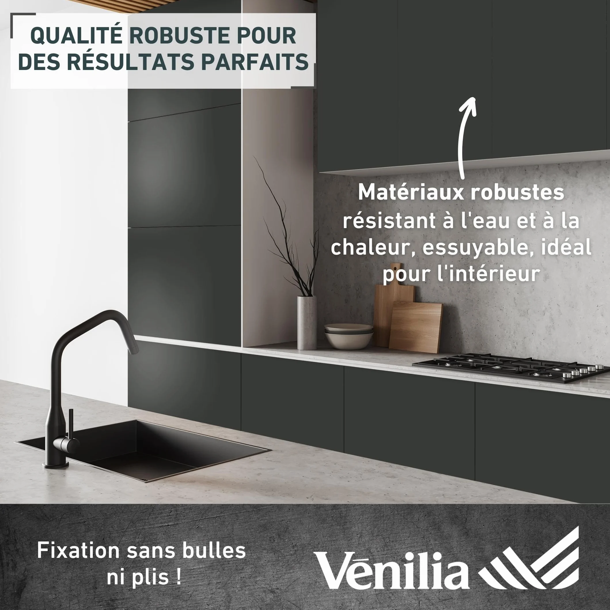 Venilia Film adhésif Meuble Noir 45x200 cm, Vinyle repositionnable pour Armoire, Table et Cuisine