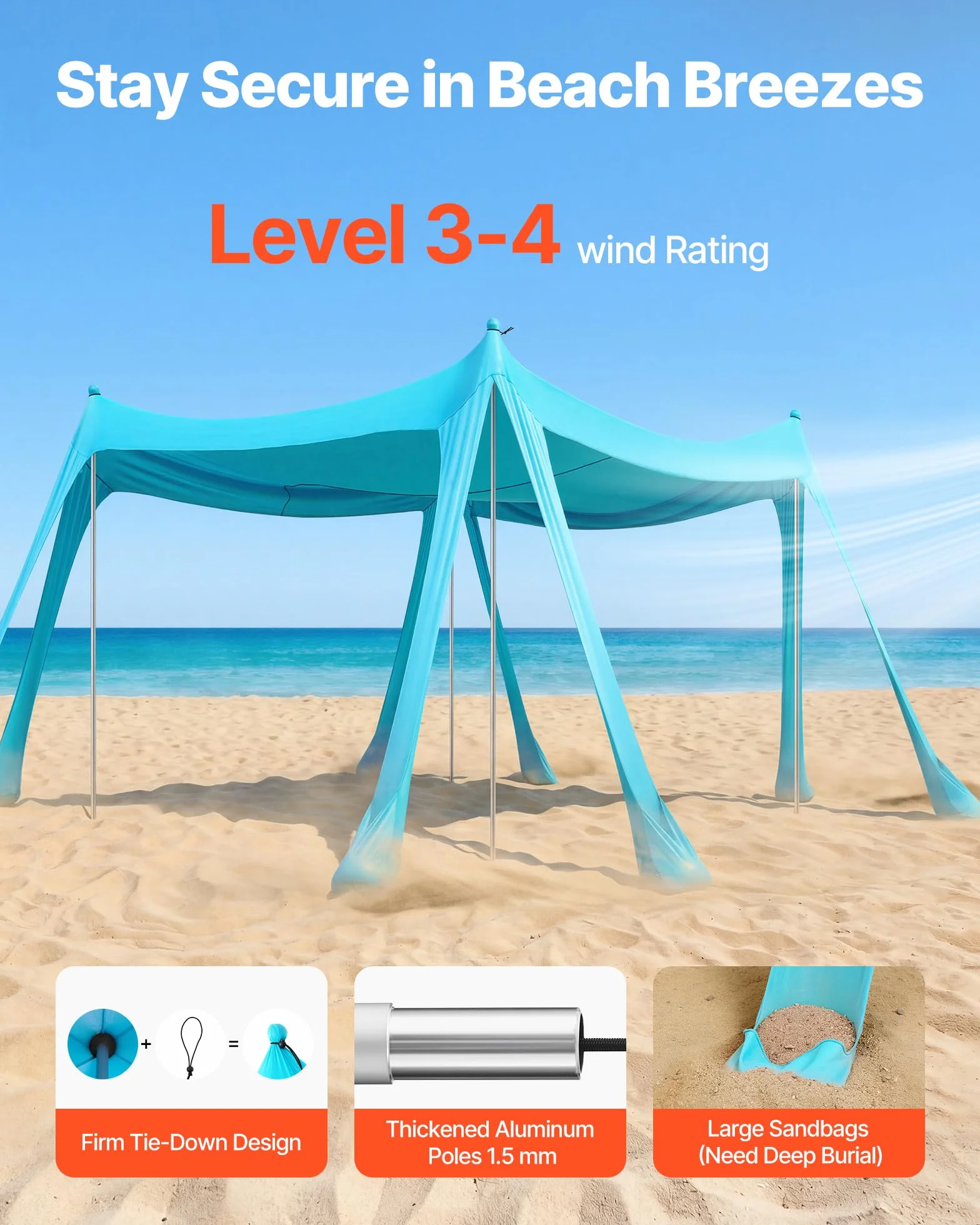 VEVOR Tente de Plage de 3x3x2 m, Abri Solaire UPF50+, Pare-Soleil Extérieur pour Plage Parc Camping et Pêche, Auvent Protection UV avec Sacs de Sable, Poteaux de Soutien et Pelles à Sable, Vert