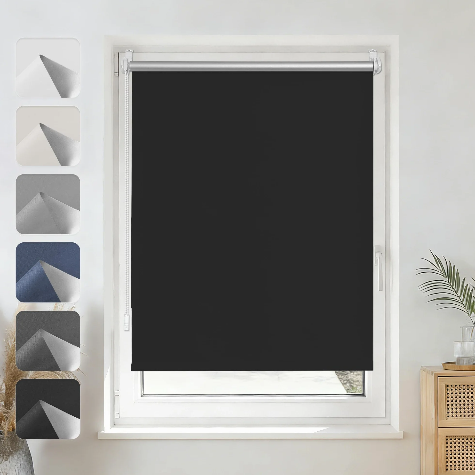 Enrouleur Occultant sans Perçage 100% Opaque Protection Thermique Solaire pour Fenêtre 65x100 cm Noir