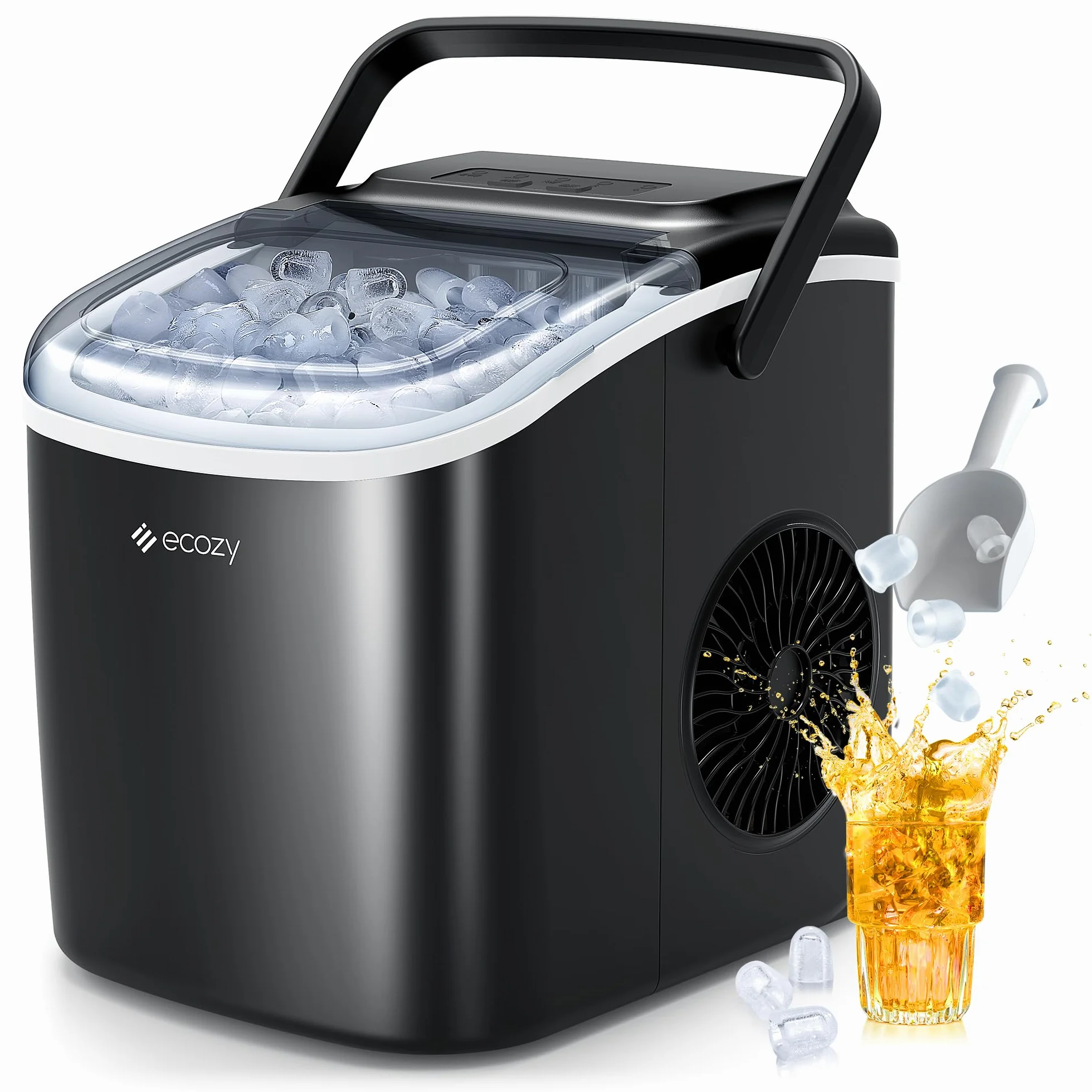 ecozy Machine à Glaçons Autonettoyante Portable, 12kg/24h, 9 Glaçons en 6 Minutes, 2 Tailles, Noir