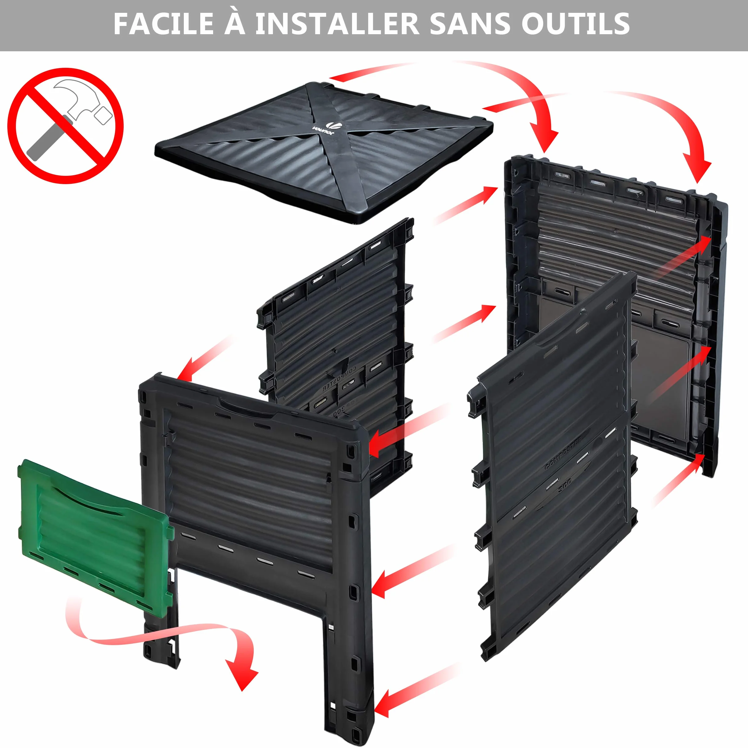 VOUNOT Composteur de Jardin 300L Bac à Composte Polypropylène Résistant aux Chocs et aux UV Noir