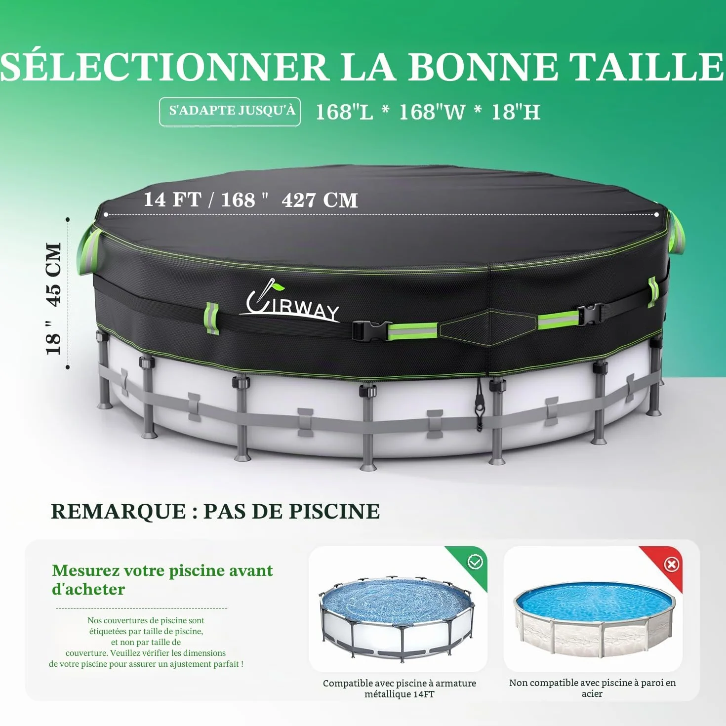 UIRWAY Bâche de Piscine Ronde 427cm 500D Protection UV Renforcée